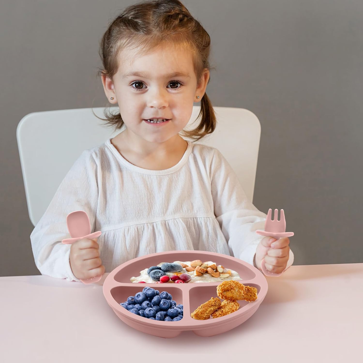 Eascrozn Silicone Baby Feeding Set 2 Pack with Divided Plates and Utensils