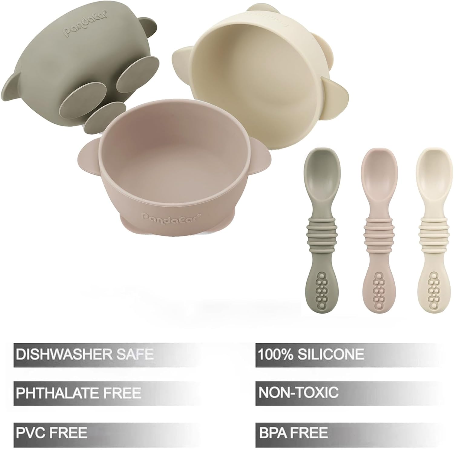PandaEar 3 Pack Silicone Suction Baby Bowls Spoons Set