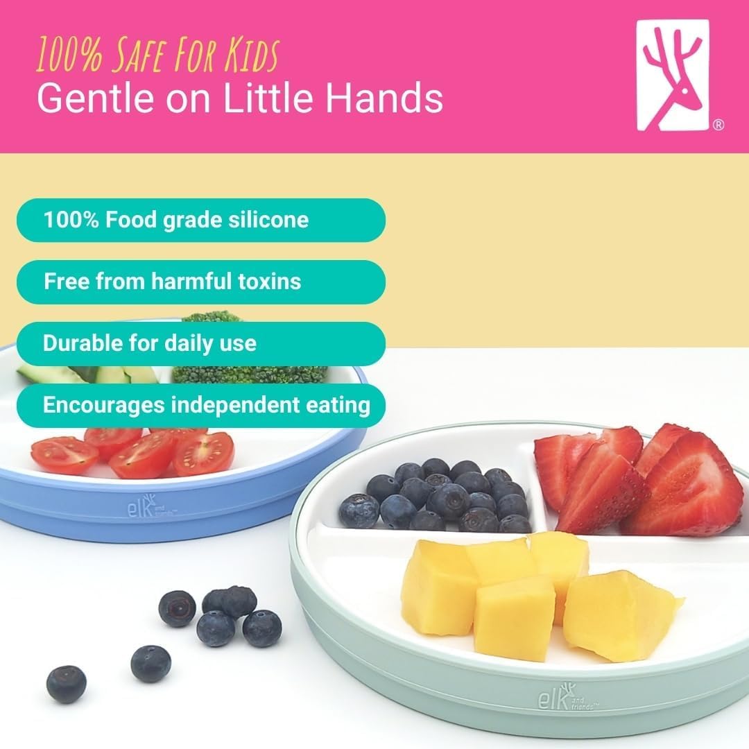 Elk and Friends Porcelain Divided Plates with Silicone Sleeves for Kids