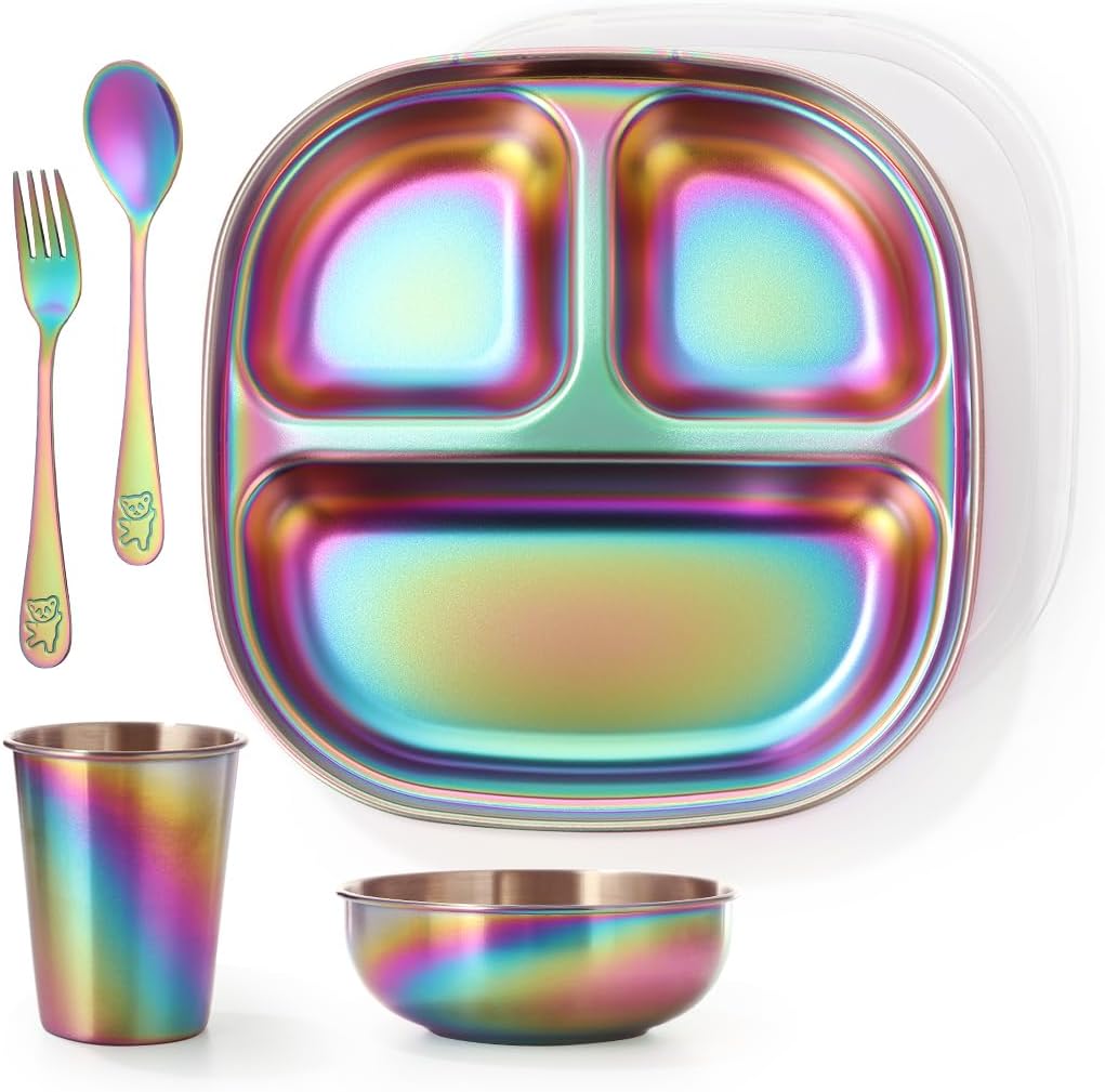 Aieve Stainless Steel Toddler Plates and Bowls Set 5 Pcs
