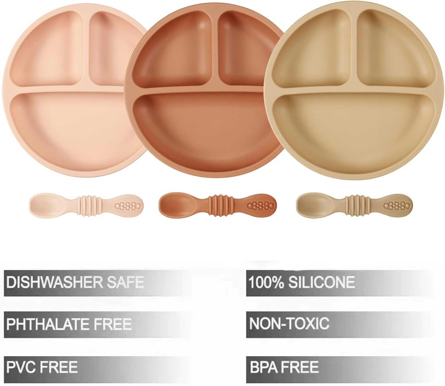 PandaEar 3 Pack Toddler Plates with Spoons - PinkBrownBrick Red 1