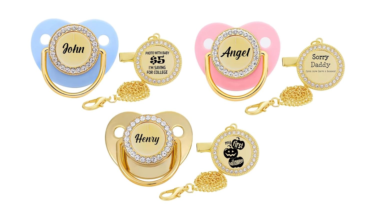 Personalized Pacifier Set with Clip for Baby Boy or Girl