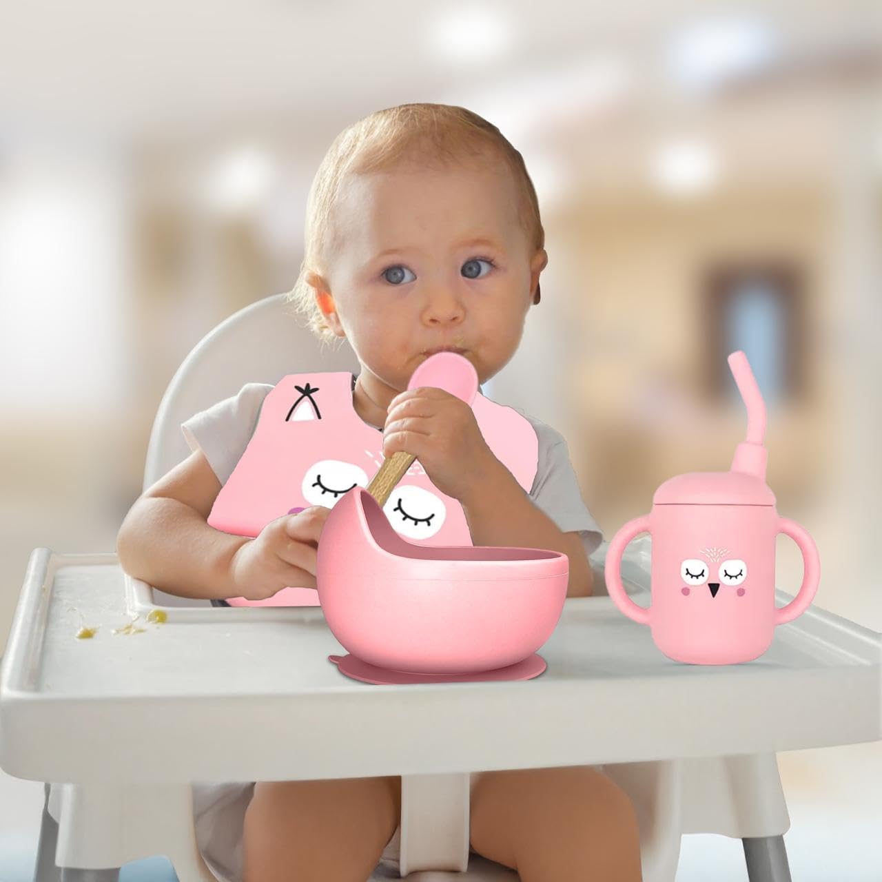 ZYLOSTORE Silicone Baby Feeding Set with Plates and Utensils PINK