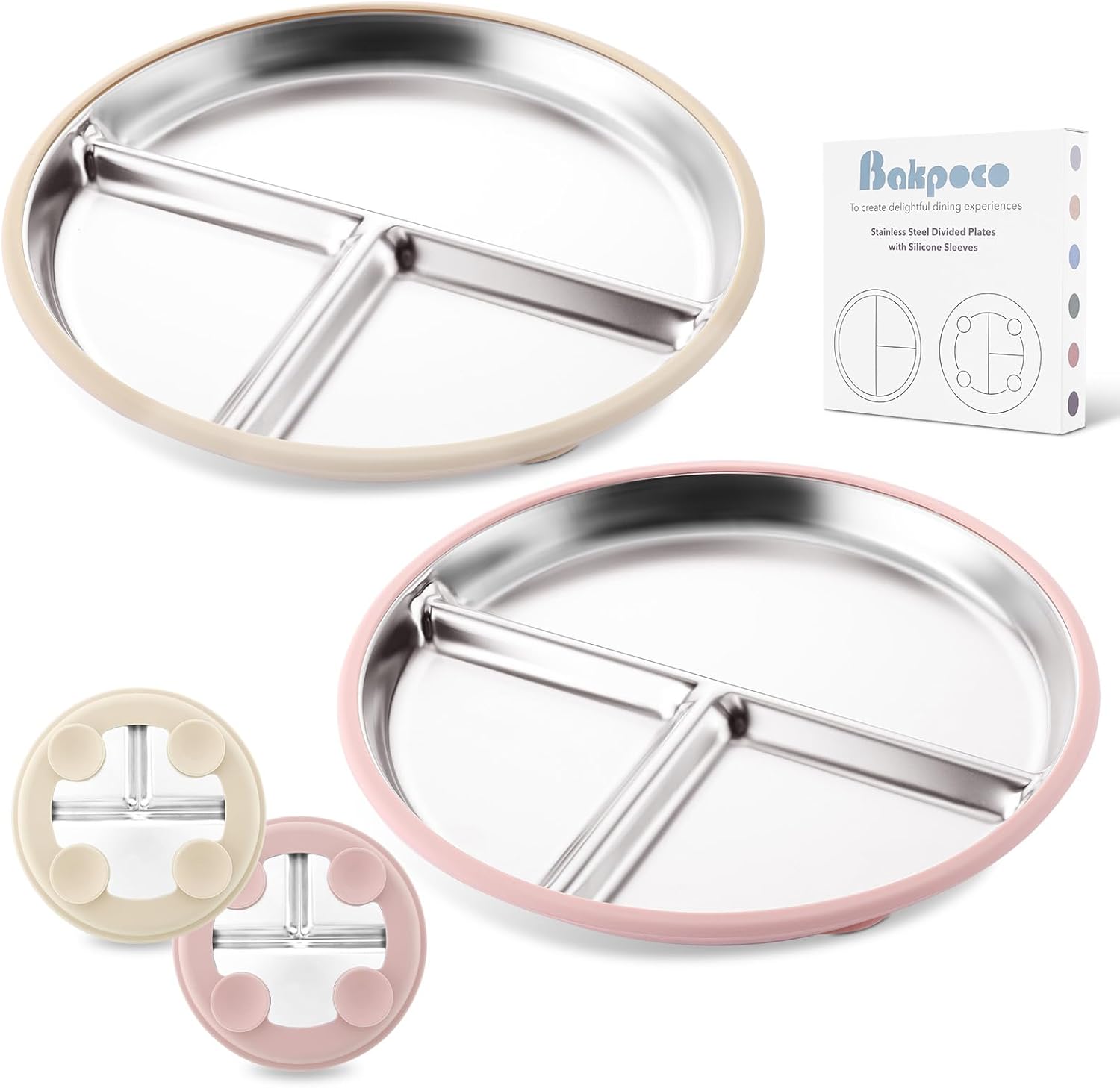 Bakpoco Stainless Steel Baby Plate with Suction 9 Divided Plates for Kids