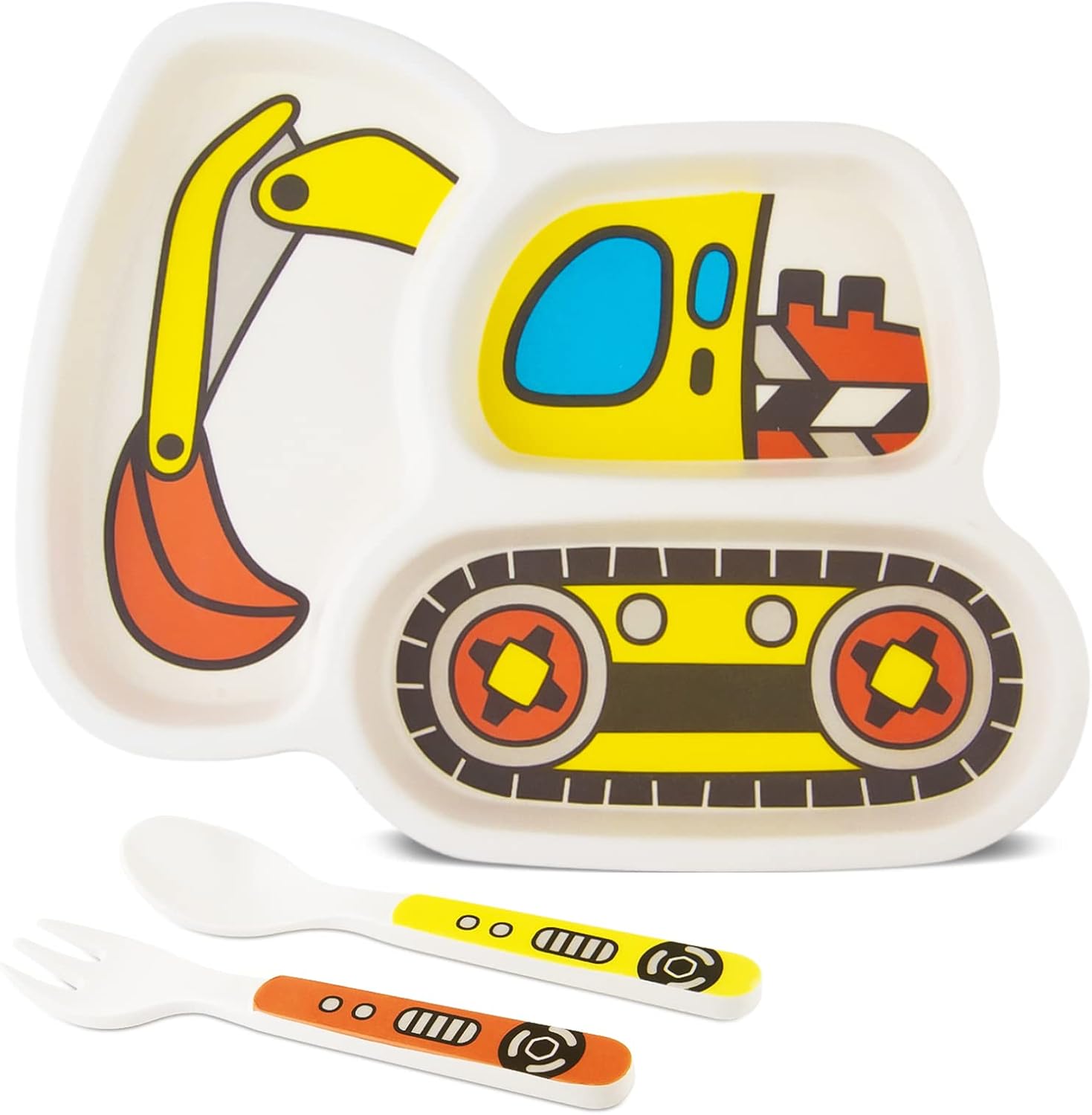 Kids Plate Set with Fork and Spoon - Construction Truck Themed