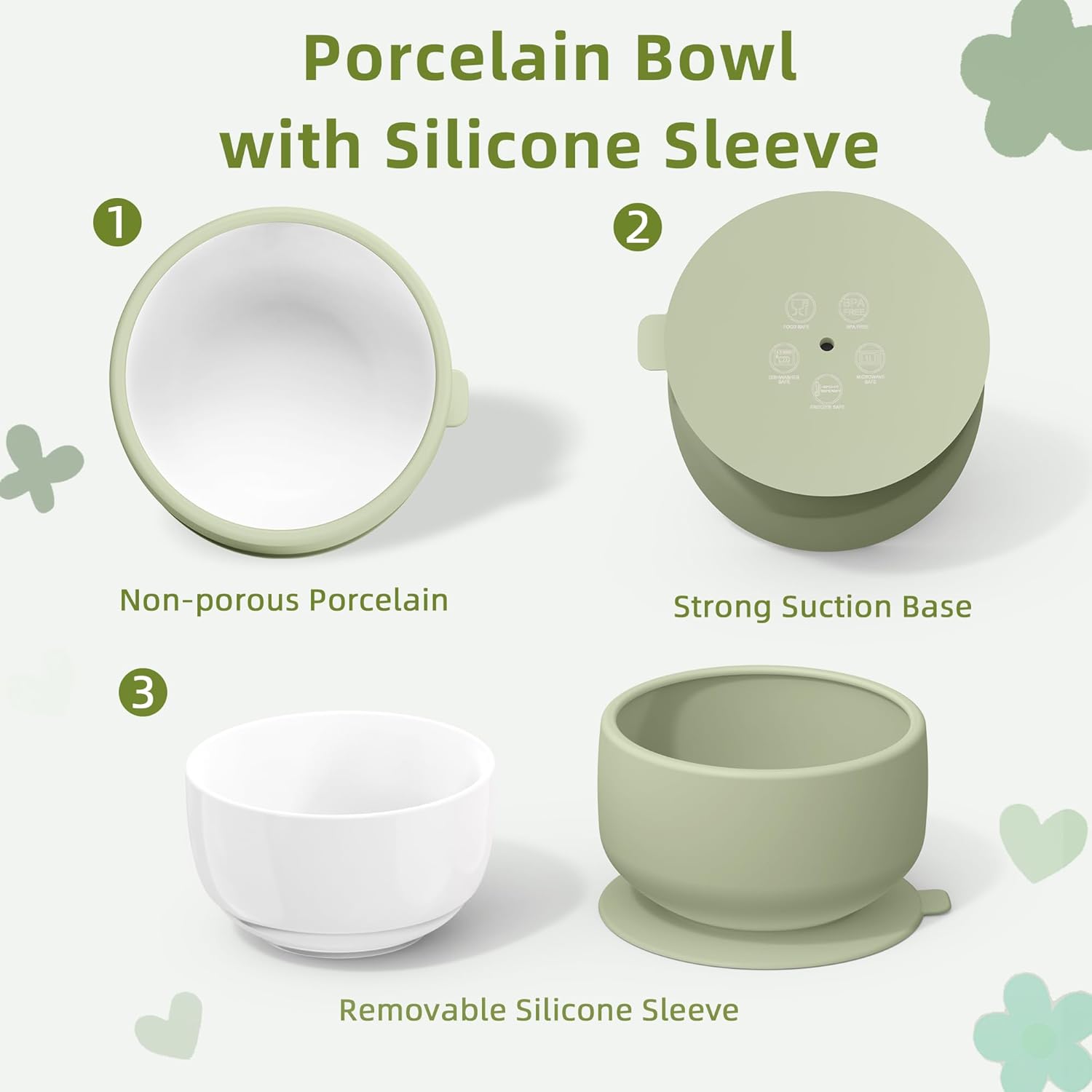 KingKam Kids Porcelain Bowls with Silicone Suction Sleeve 2-Pack