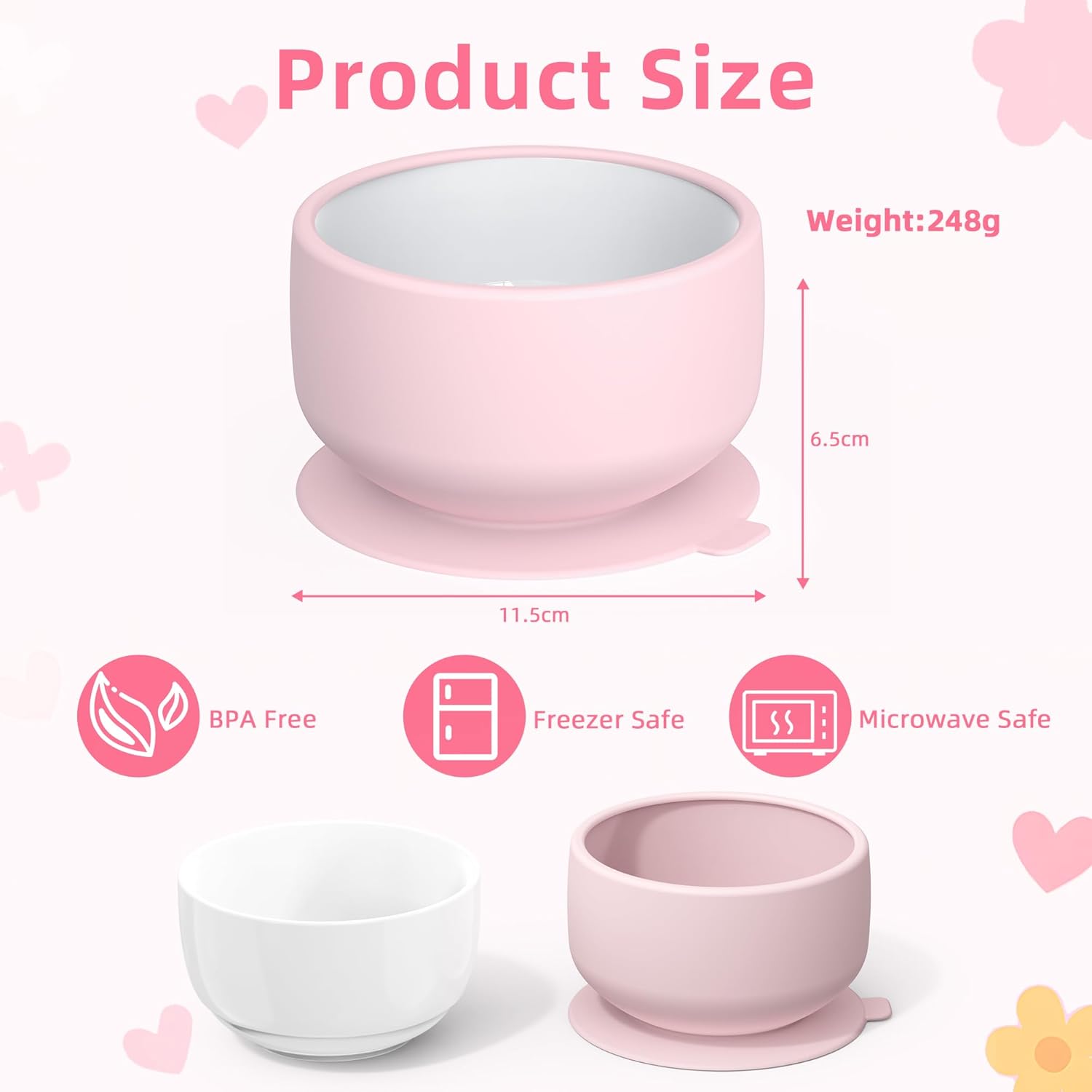 KingKam 2-Pack Porcelain Bowls with Silicone Suction Sleeve - PinkPurple