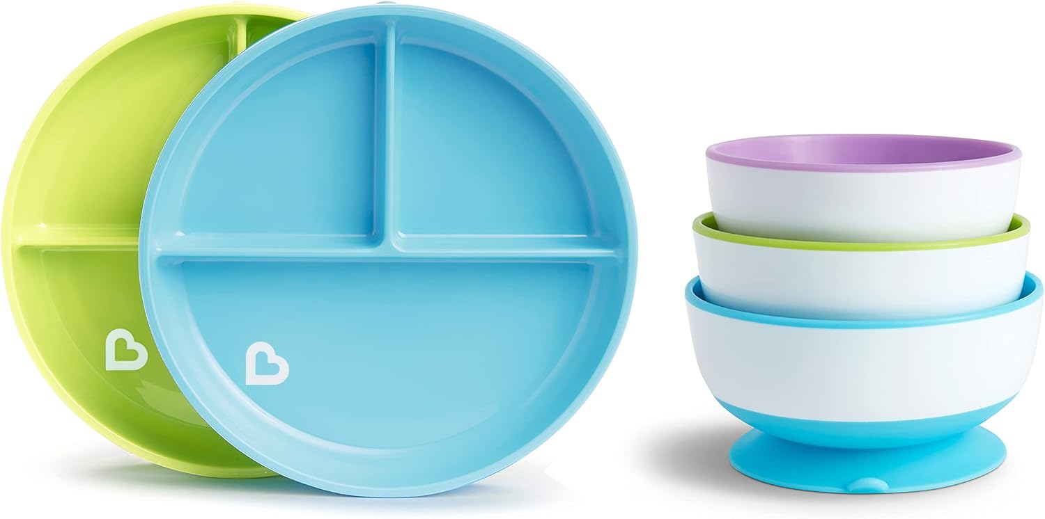Munchkin Stay Put Bowls and Divided Plates 5 Pack Blue Green Purple