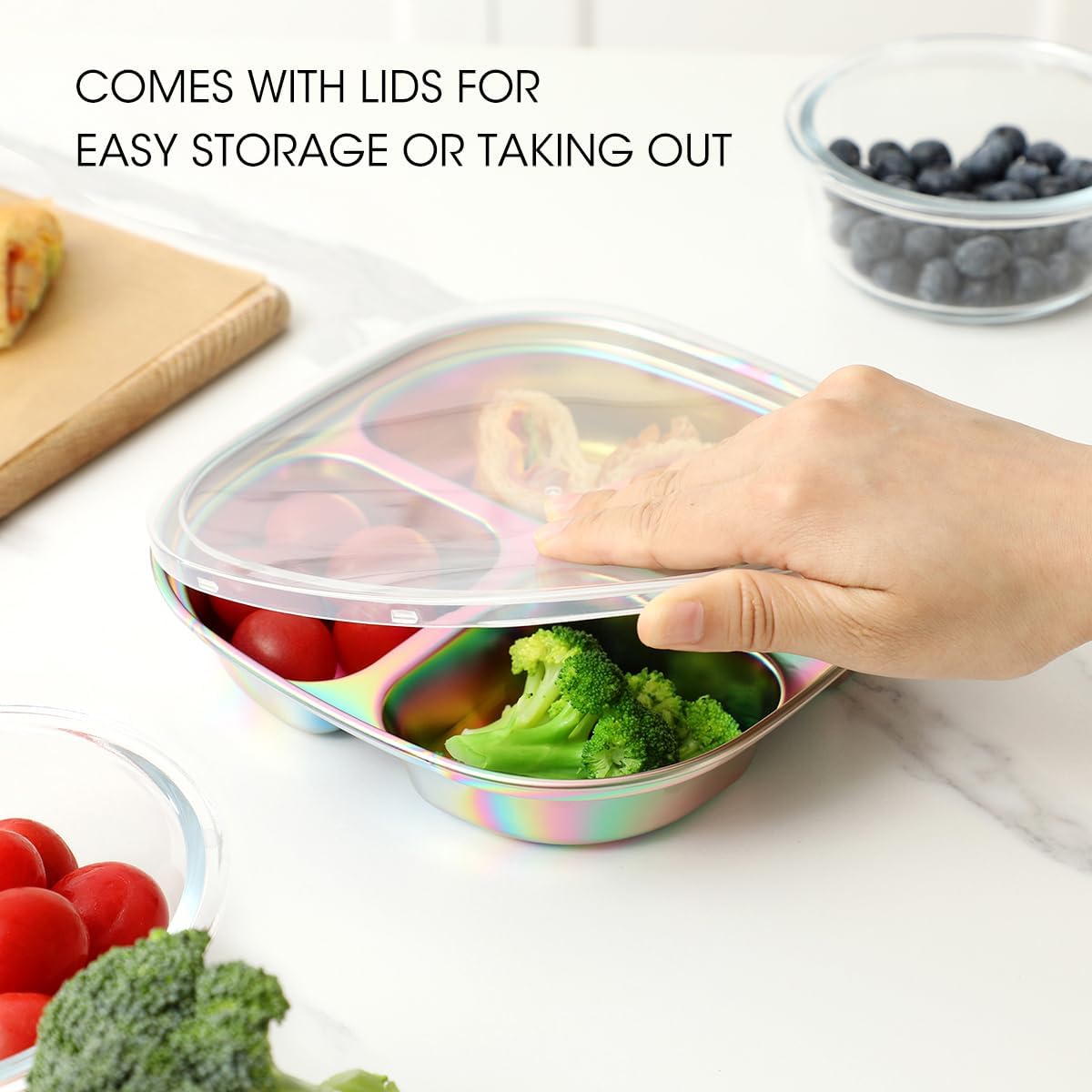 AIEVE Stainless Steel Kids Plates Pack of 4 with Lids