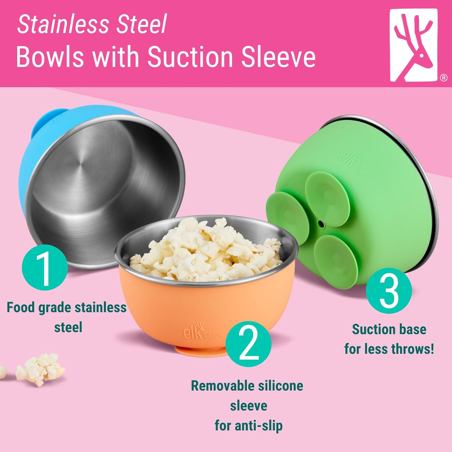 Elk and Friends 4 Pack Suction Stainless Steel Bowls for Babies Toddlers