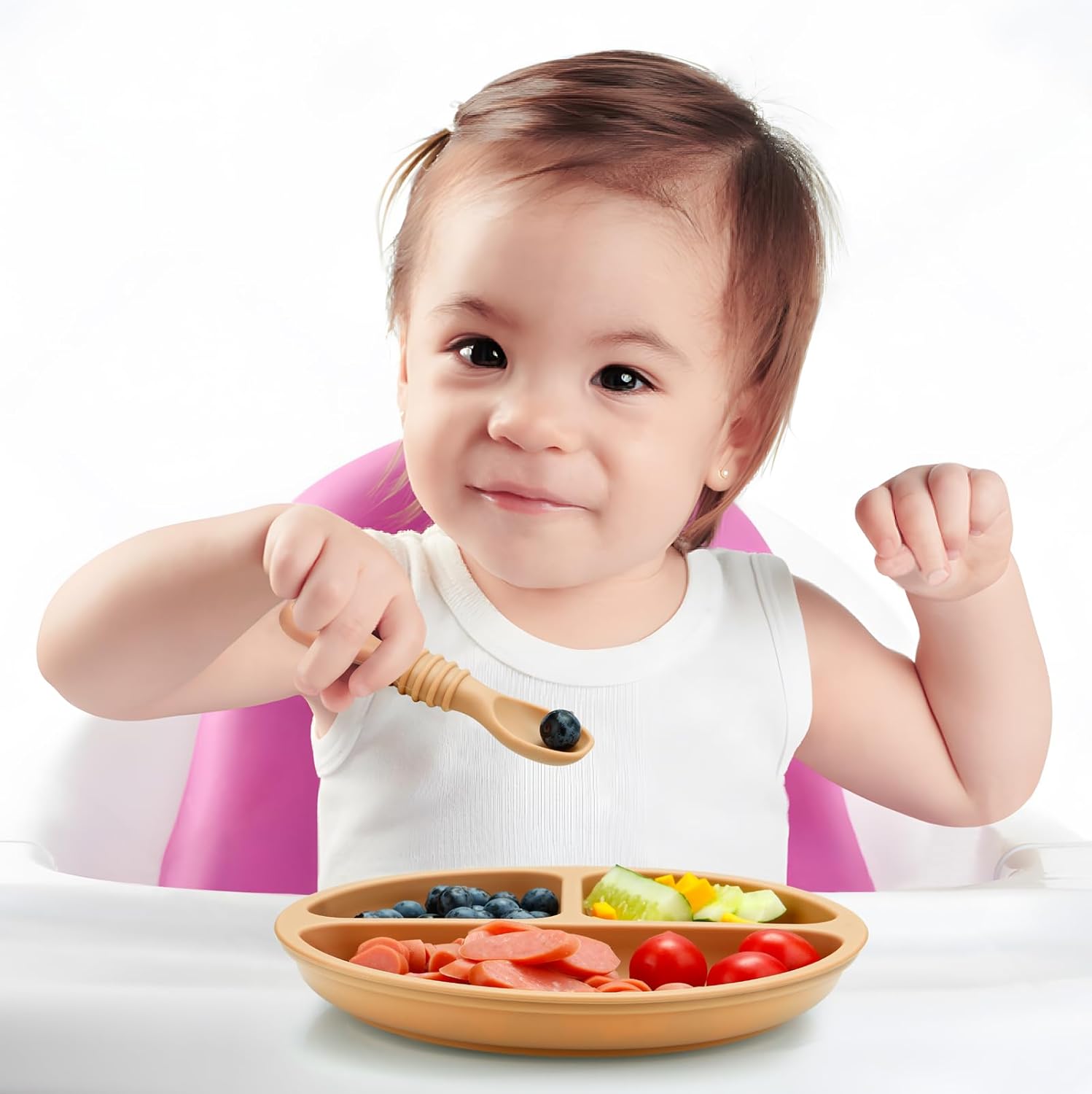 PandaEar 3 Pack Toddler Plates with Spoons - PinkBrownBrick Red 1