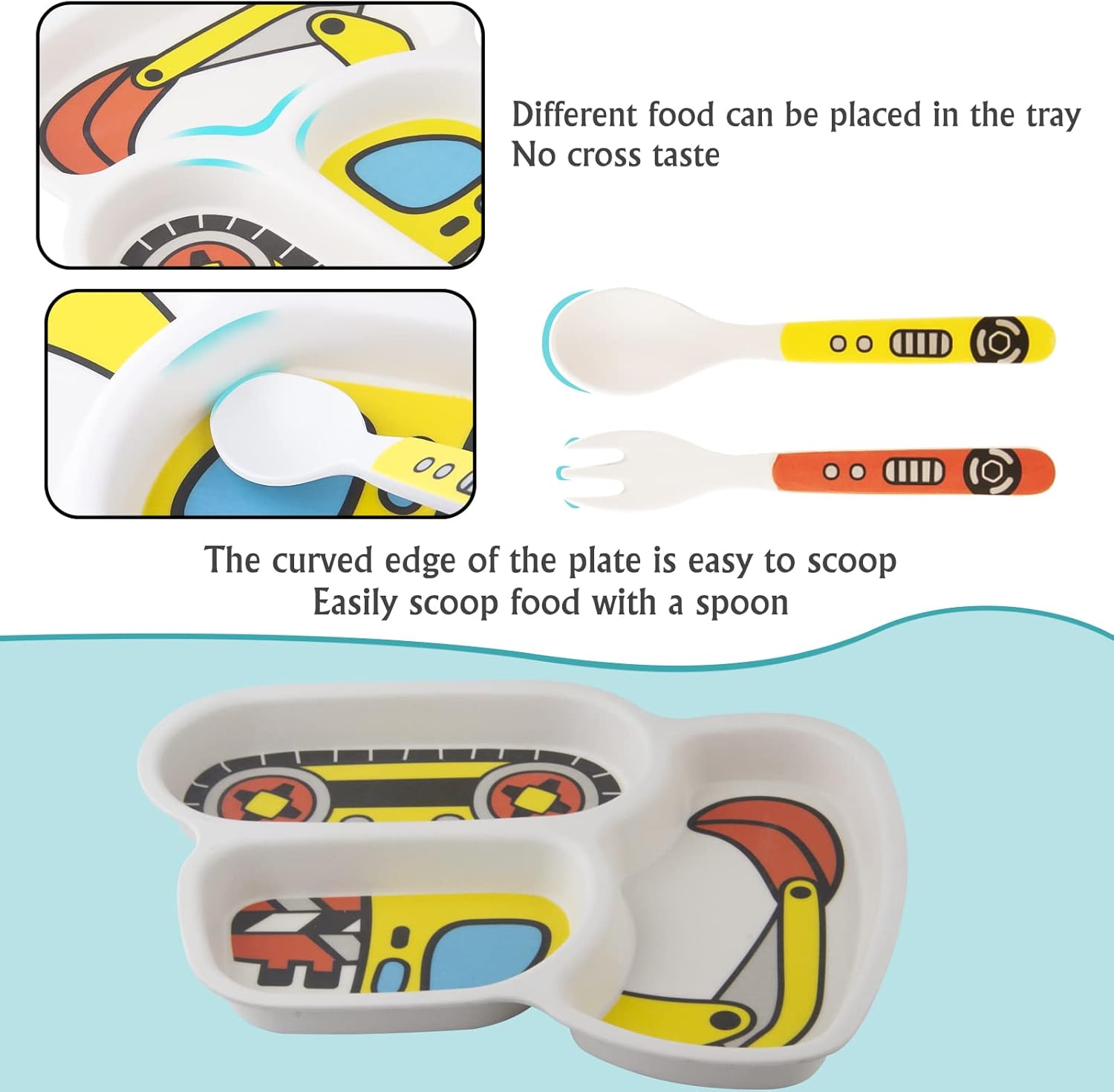 Kids Plate Set with Fork and Spoon - Construction Truck Themed
