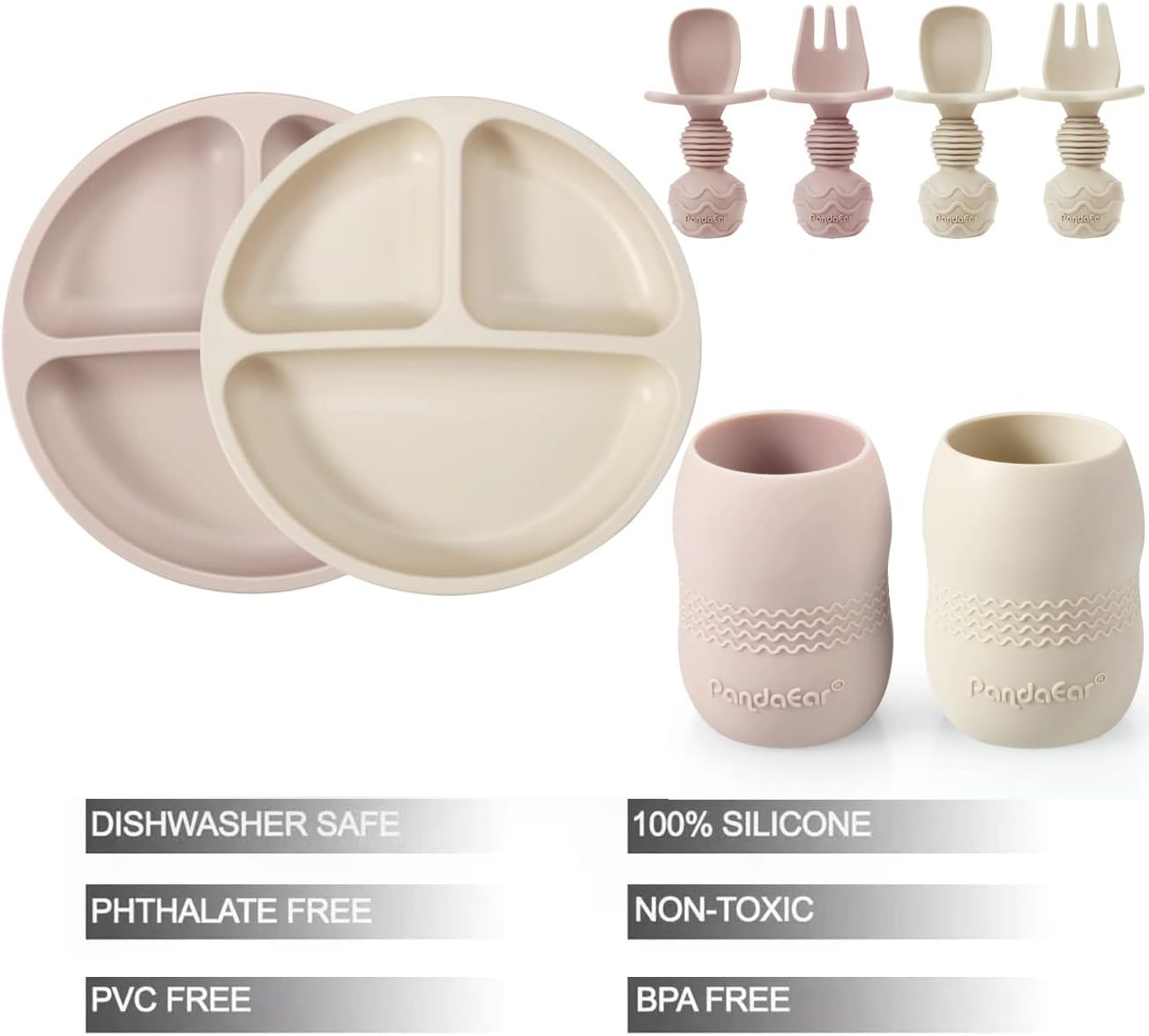 PandaEar Silicone Baby Feeding Set 2 Pack - BPA Free Divided Plate Cups