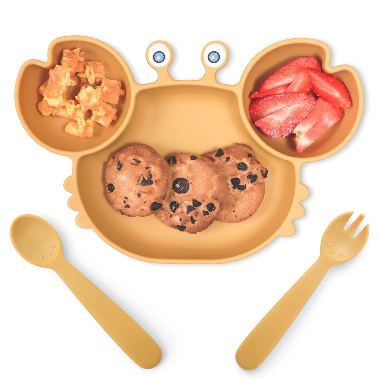 ROCCED Suction Plates Spoon Fork Set for Baby - Crab Yellow