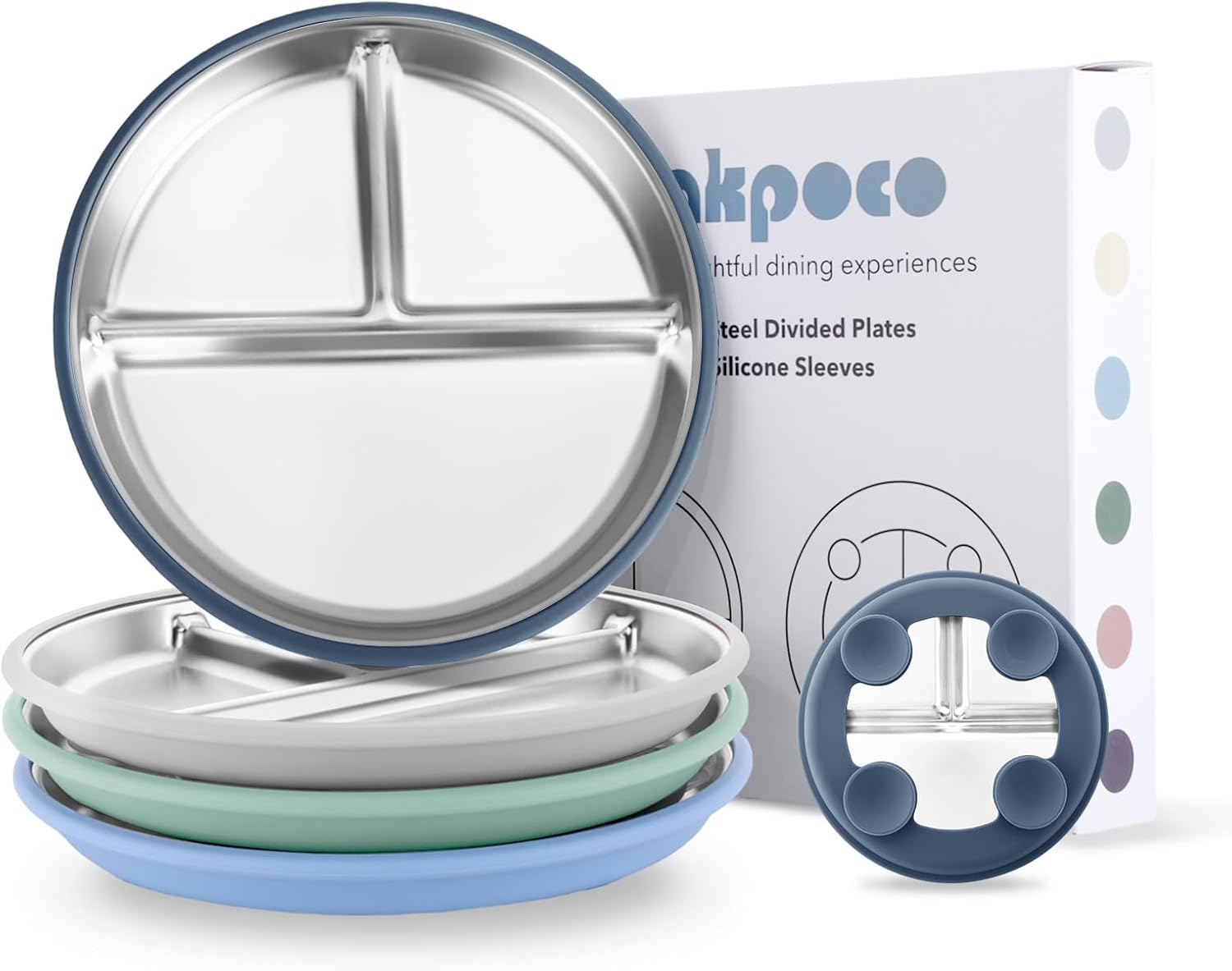 Bakpoco Stainless Steel Suction Plates 9 Divided Blue Gray Navy Sage 4 Pack