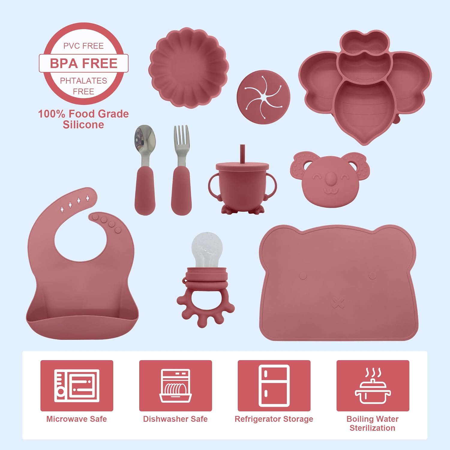 Silicone Baby Feeding Set 14pcs Dark Pink