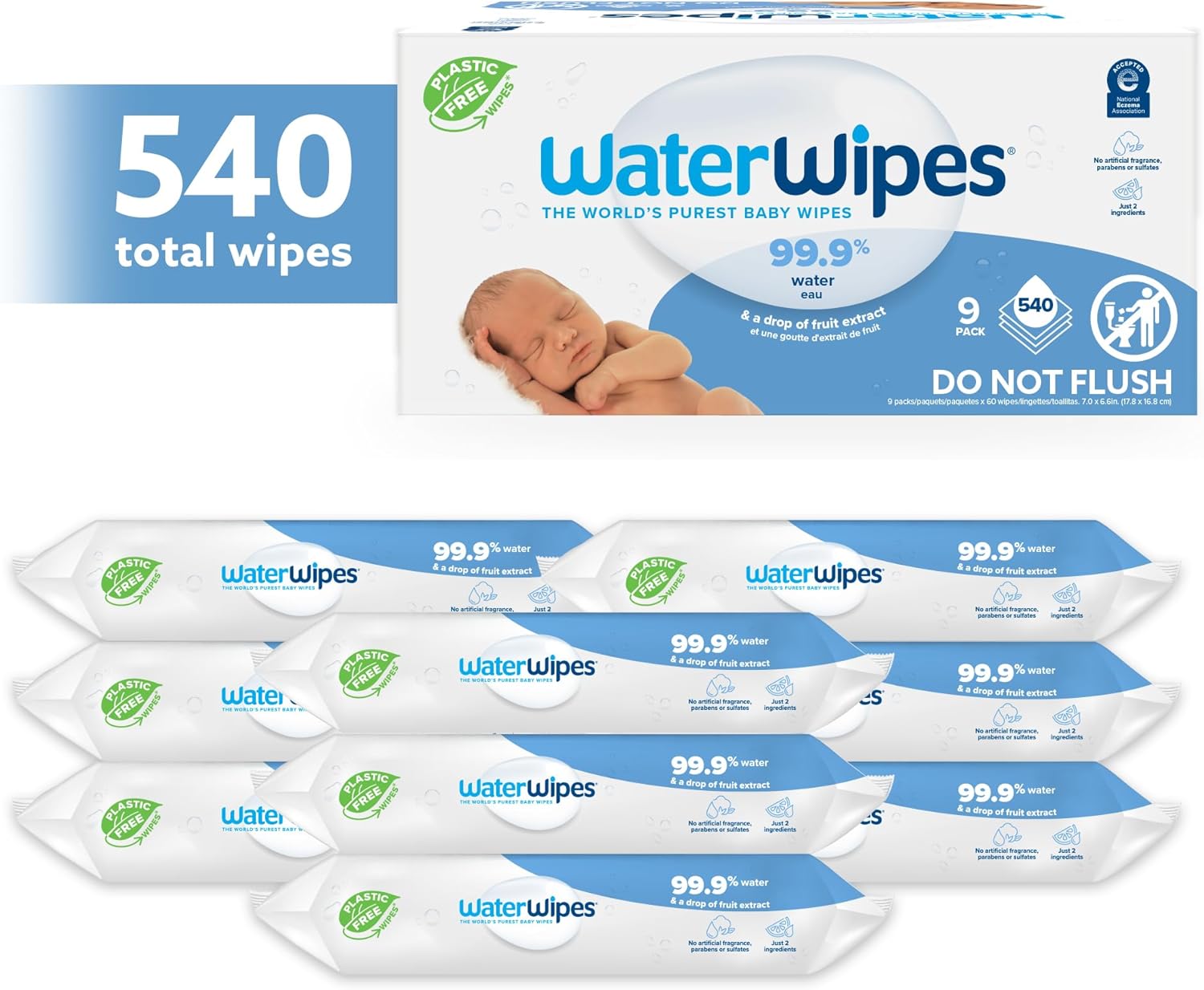 WaterWipes Plastic-Free Original Baby Wipes 60 Count Pack of 9
