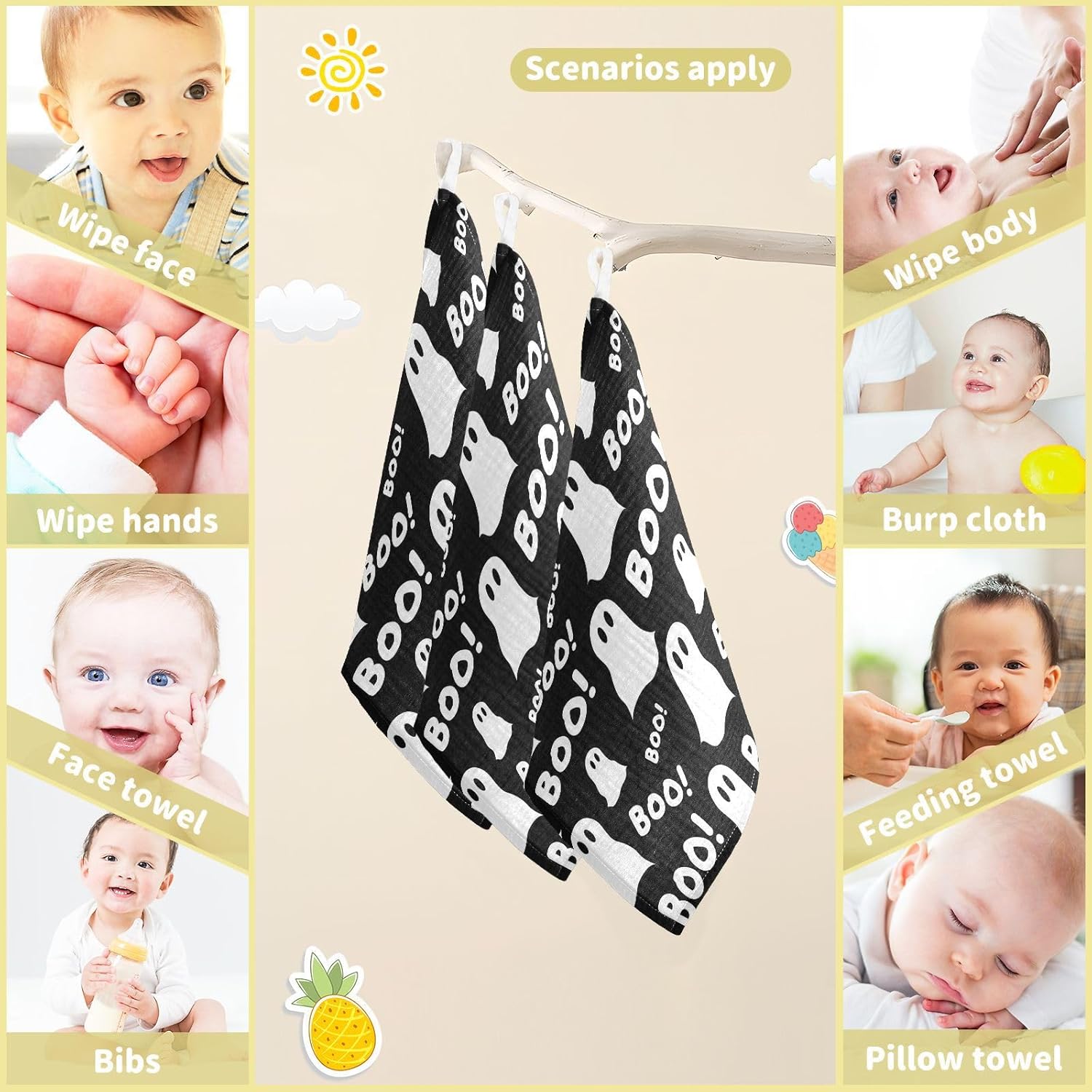 WIFIU Halloween Ghosts Boo Baby Burp Cloths 3 Pack 1