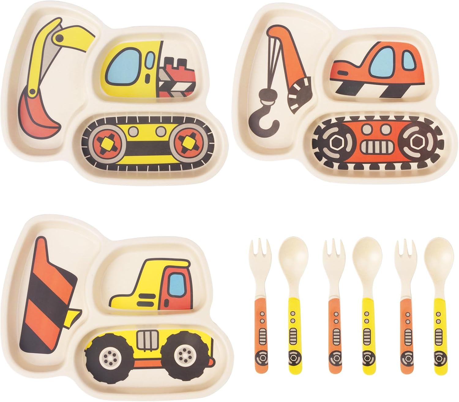 Kids Plates Set with Fork and Spoon 9-Piece Construction Themed Dinnerware