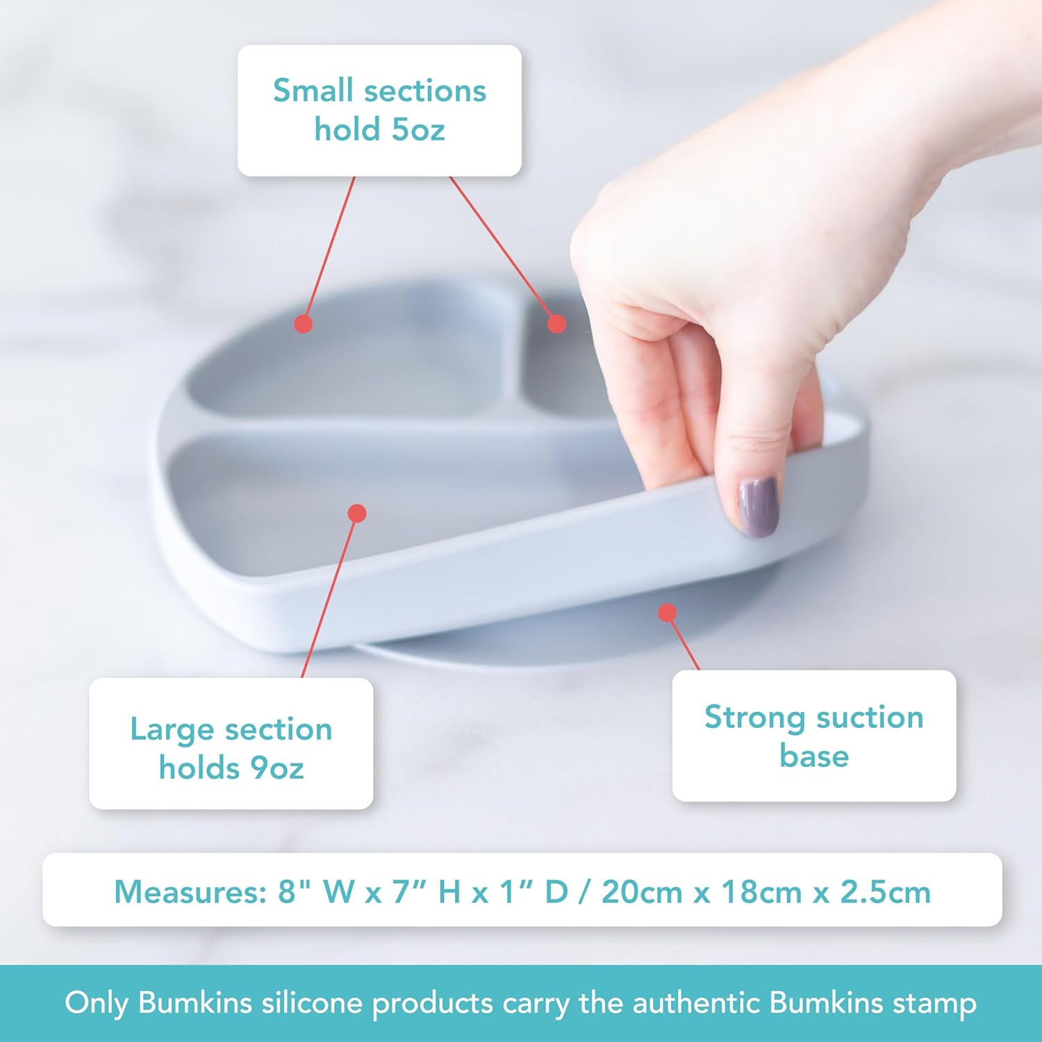 Bumkins Toddler Suction Plate with Divided Grip Gray 1
