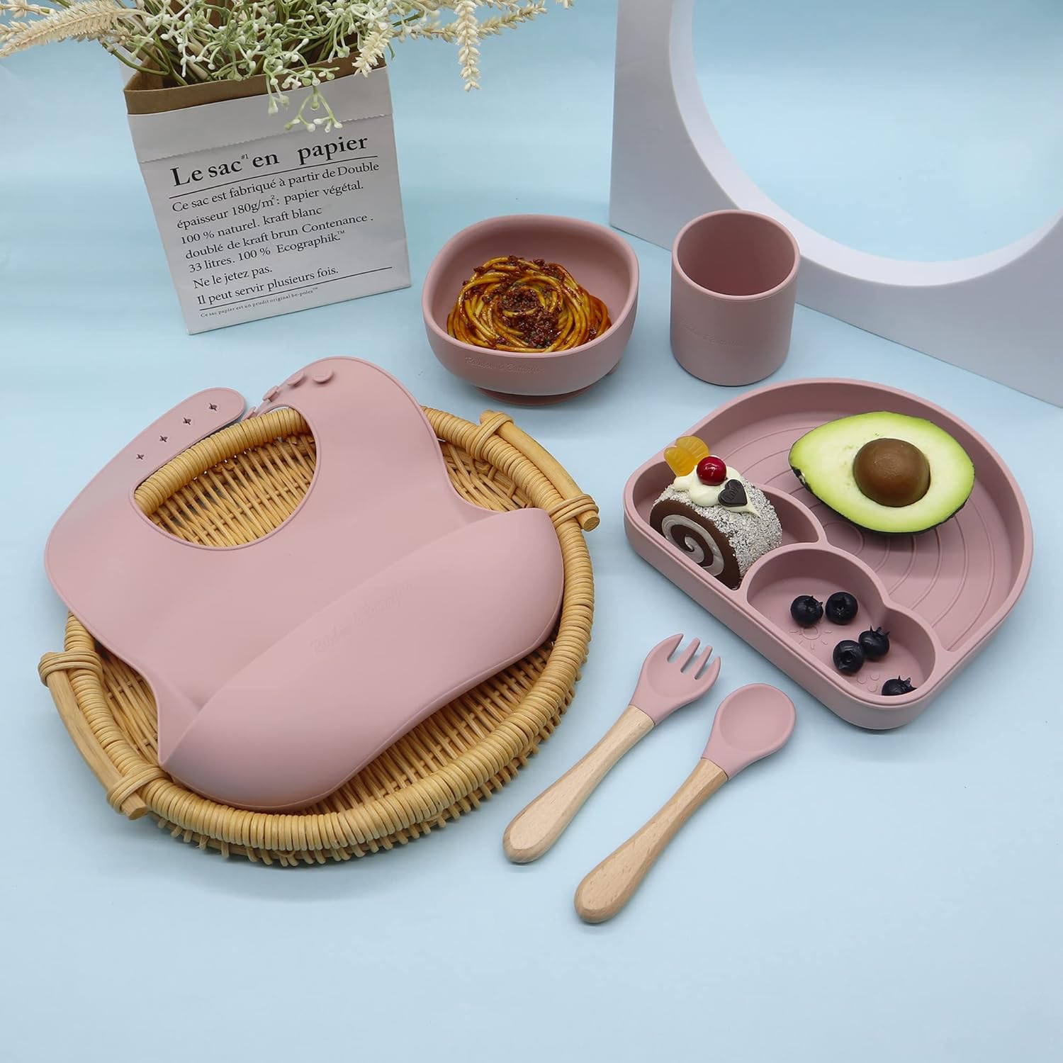 Rainbow Butterflies 7-Piece Silicone Feeding Set - Baby Pink