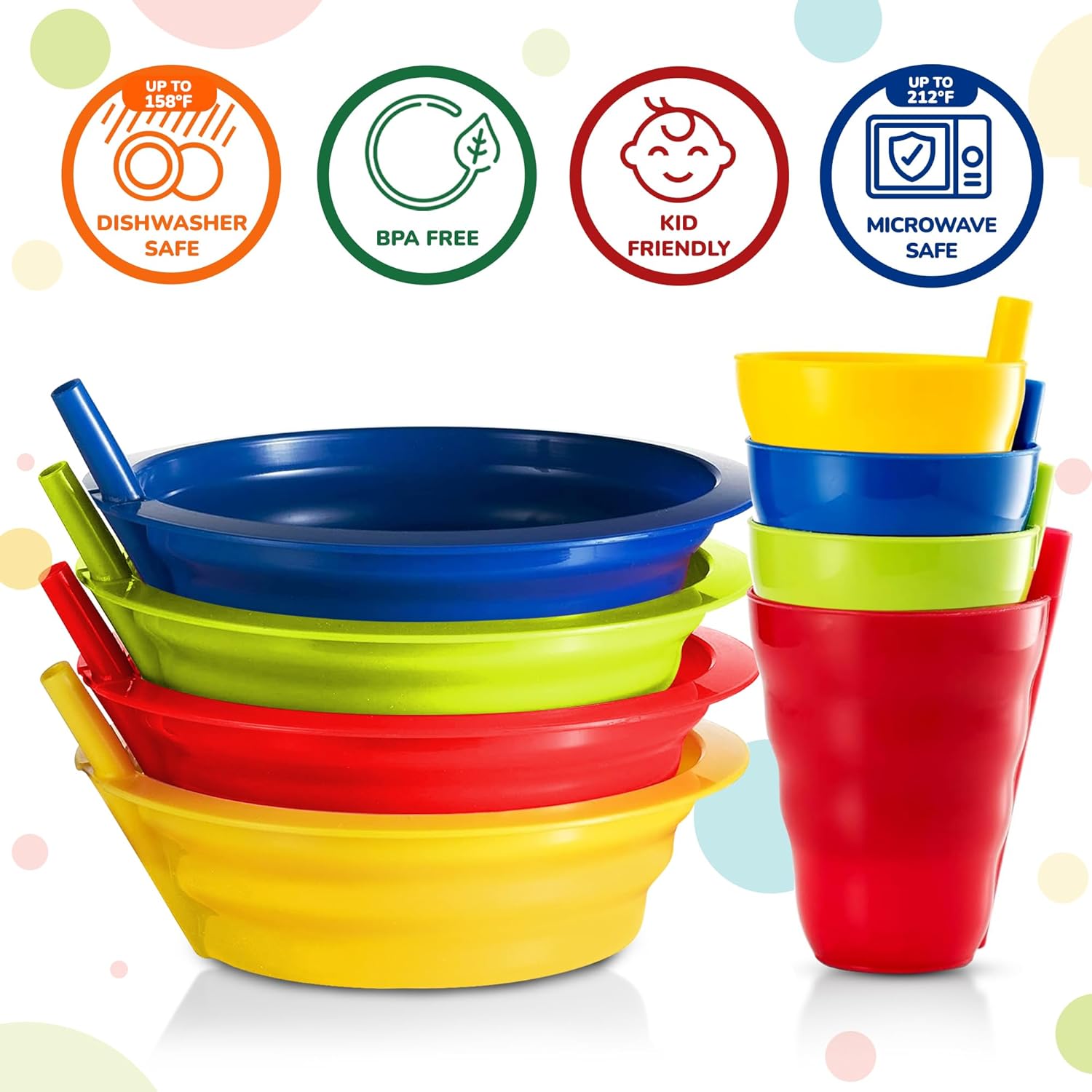 PLASKIDY Kids Cereal Bowls Straw Cups Set of 4