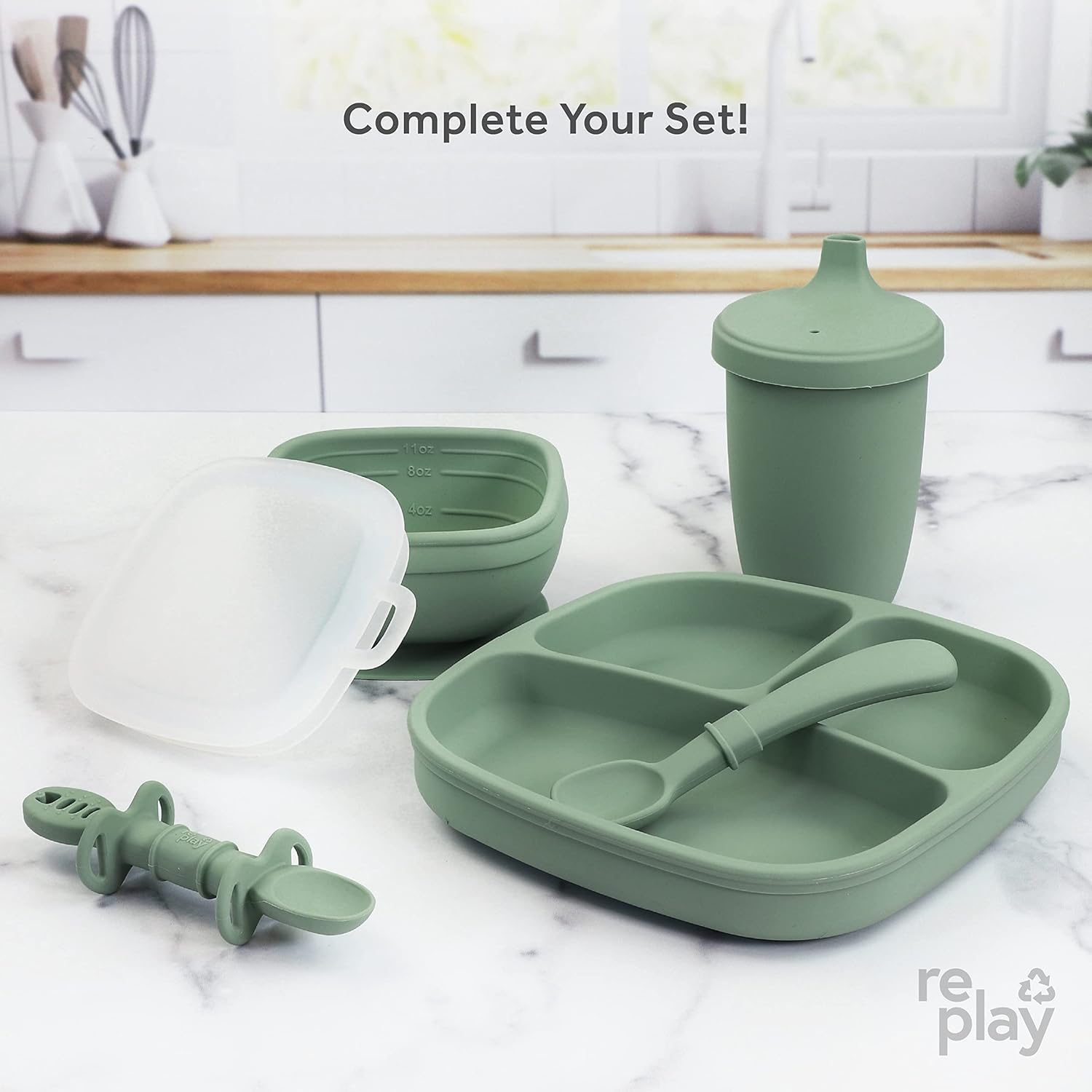 Re-Play Sustainables Silicone Suction Bowl - 11 oz Sage