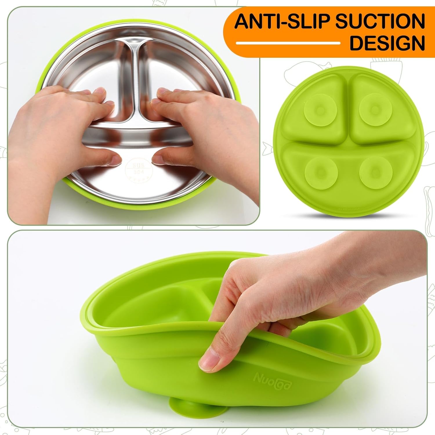 Nuogo 2 Pcs Stainless Steel Baby Plates with Suction and Silicone Shell 1