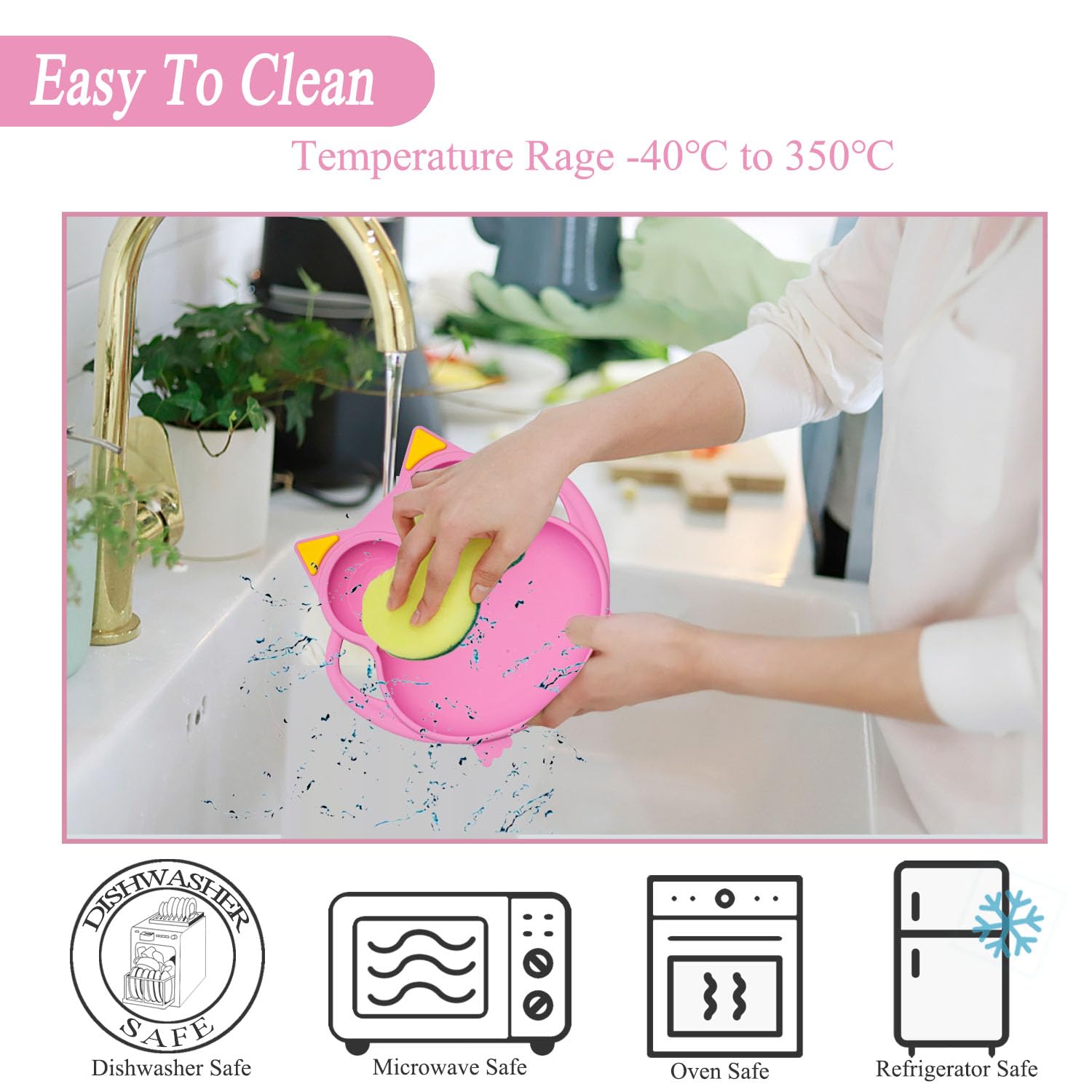 NICINGU Baby Toddler Suction Plate Set with Spoon Fork Pink Owl Design