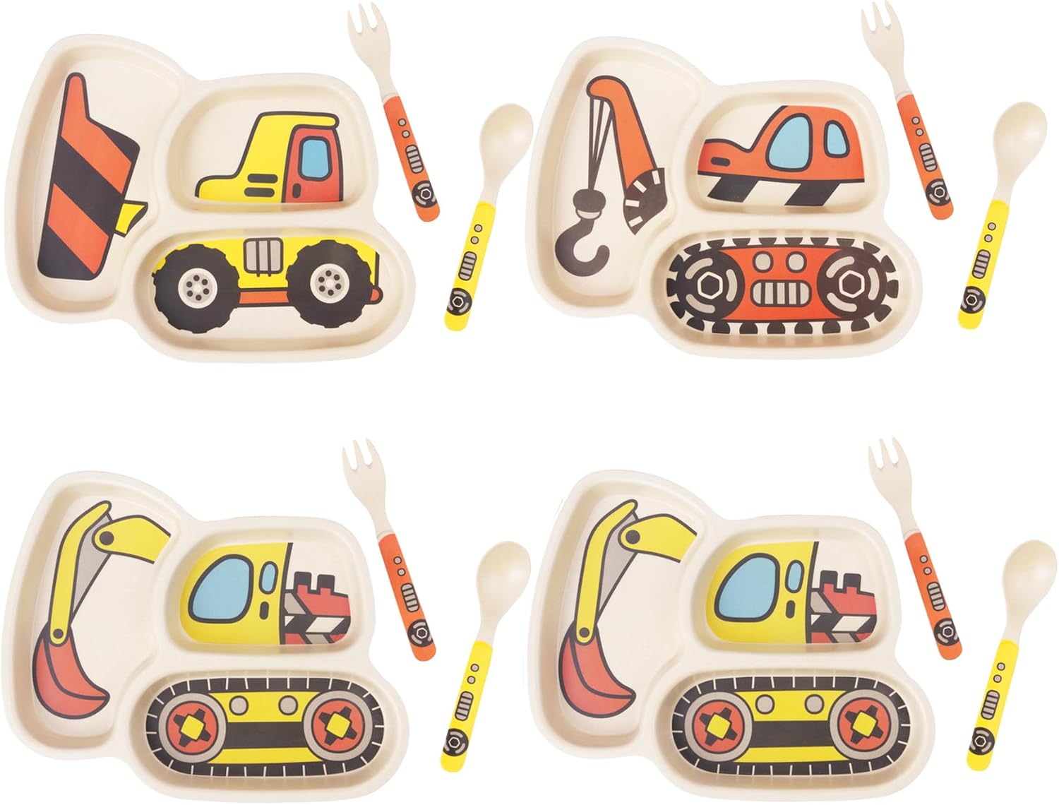 Kids Plate Set with Fork and Spoon 12-Piece Construction Truck Themed