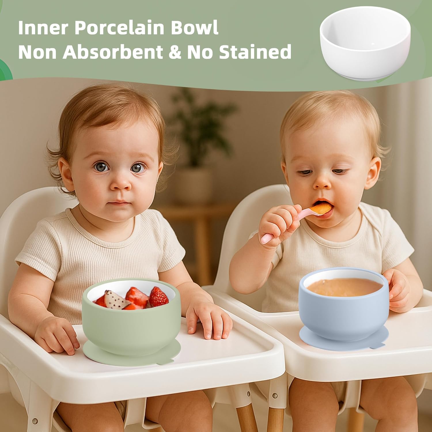 KingKam Kids Porcelain Bowls with Silicone Suction Sleeve 2-Pack
