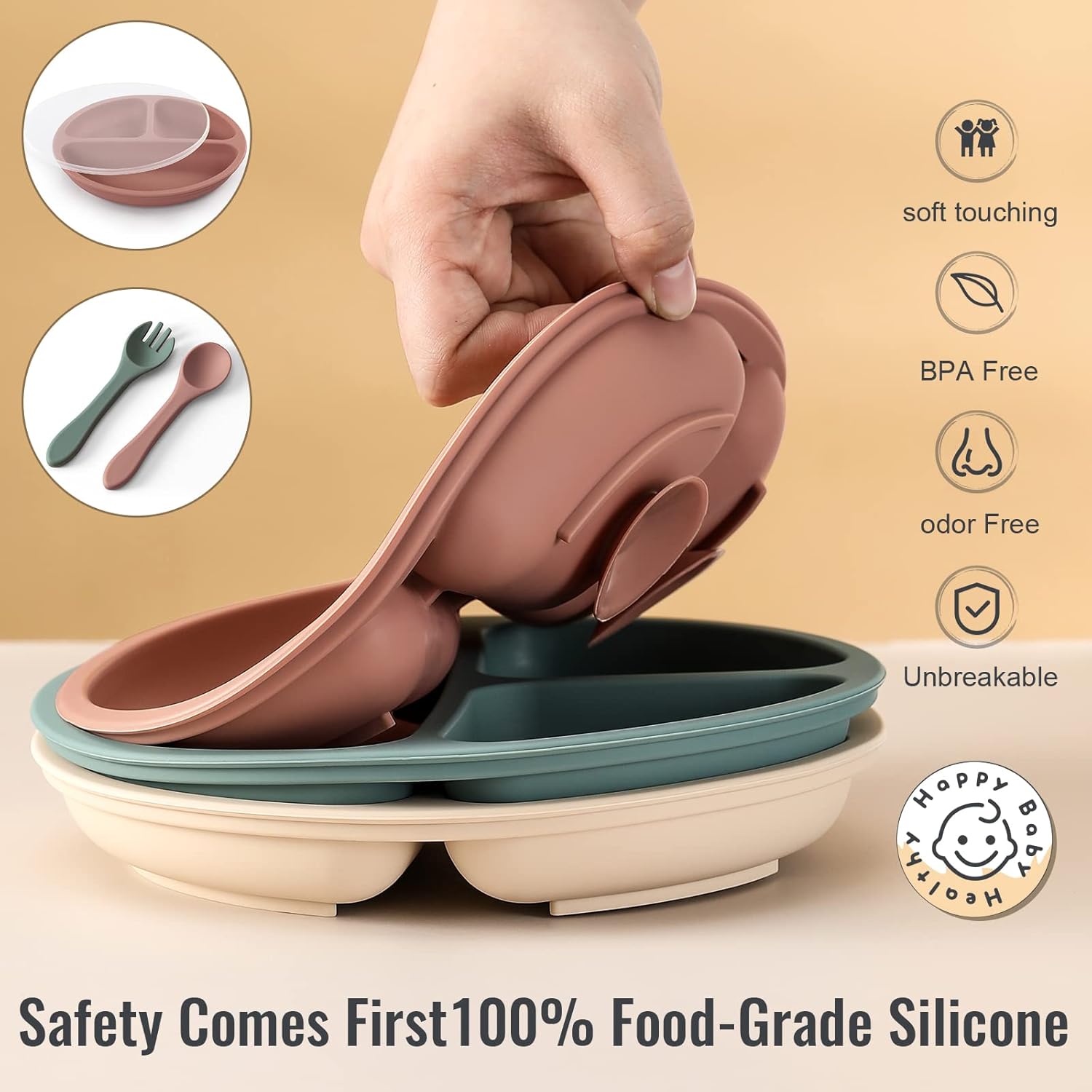 VITEVER 3 Pack Suction Plates with Lids and Utensils for Babies