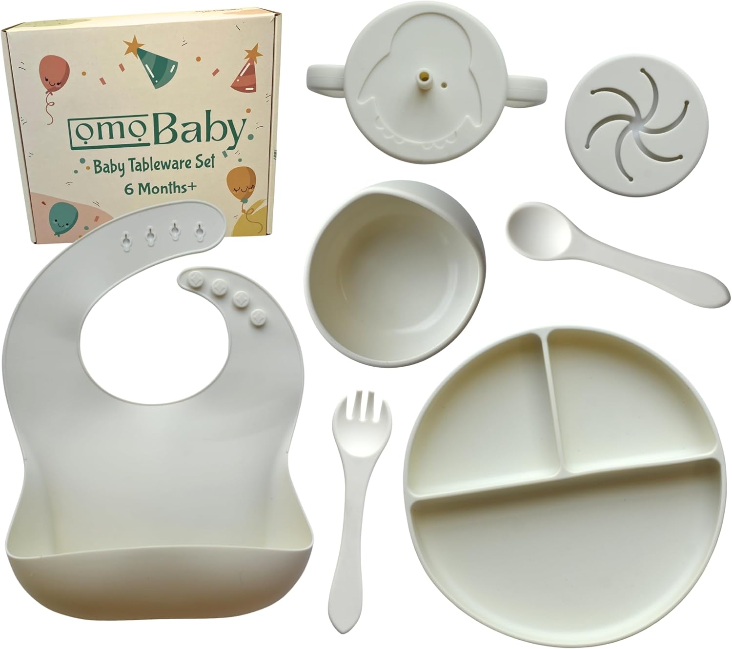 OMOBABY 8 Pcs Food Grade Silicone Baby Feeding Set Pearl White Oatmeal