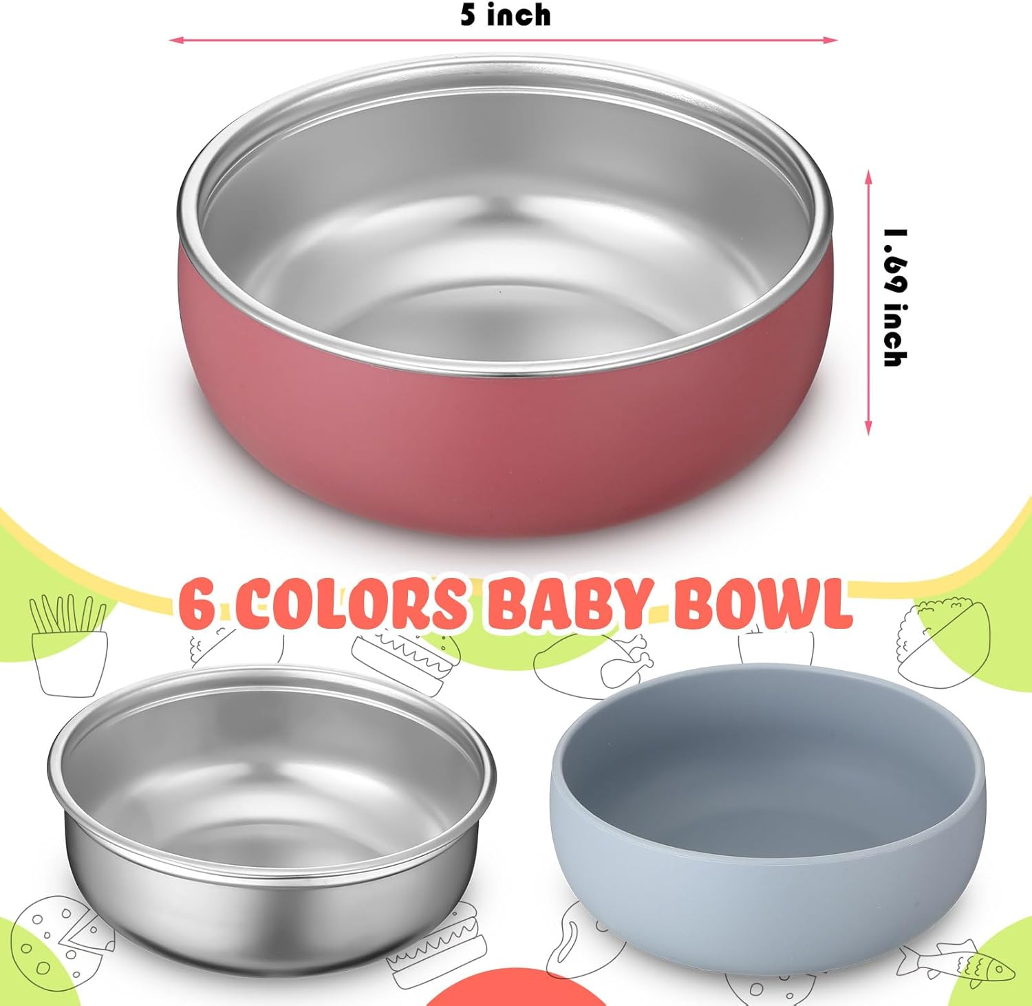 Nuogo 6 Pcs 304 Stainless Steel Baby Bowls with Silicone Shell