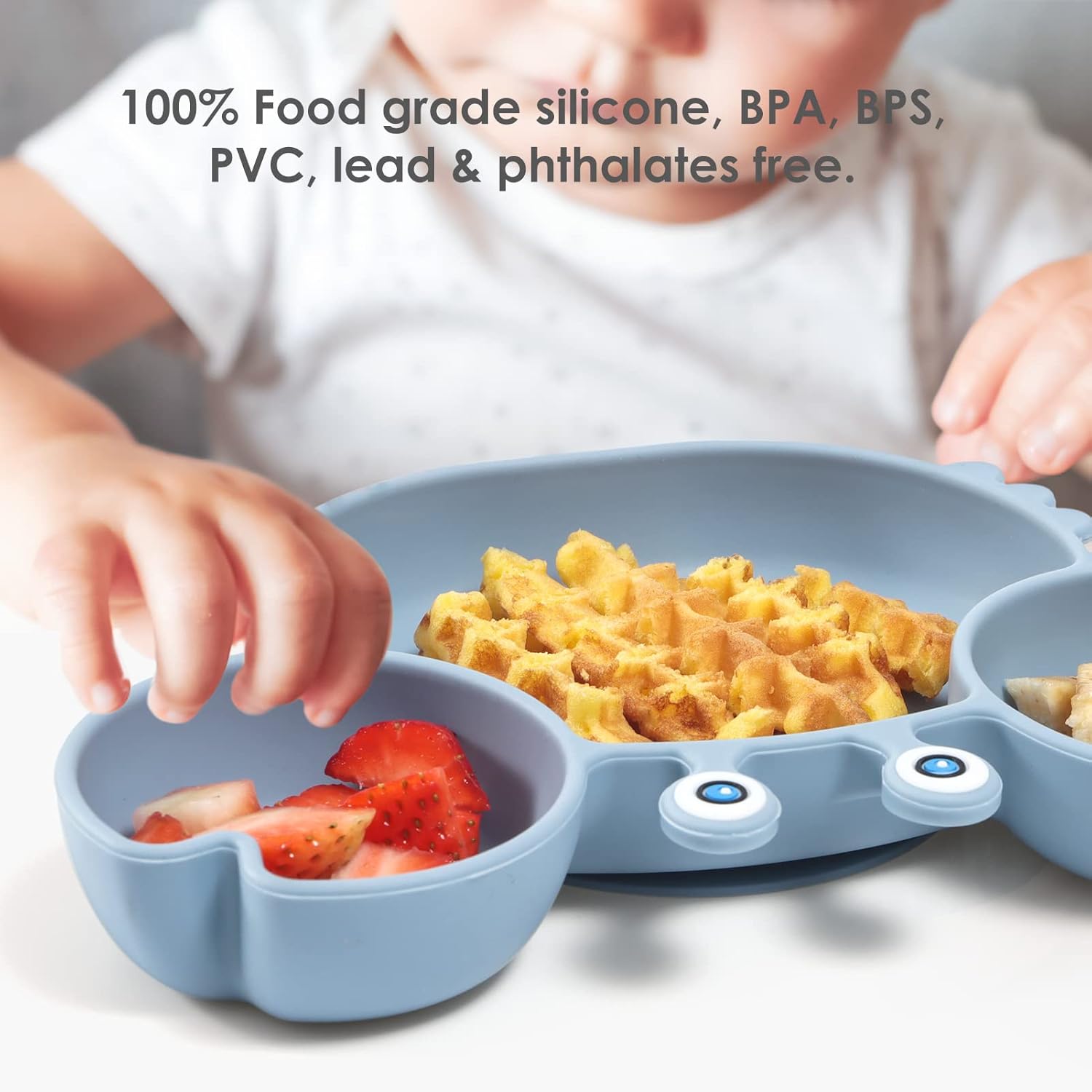 ROCCED Baby Spoon Fork Set with Suction Plates - Crab Shape Dusty Blue