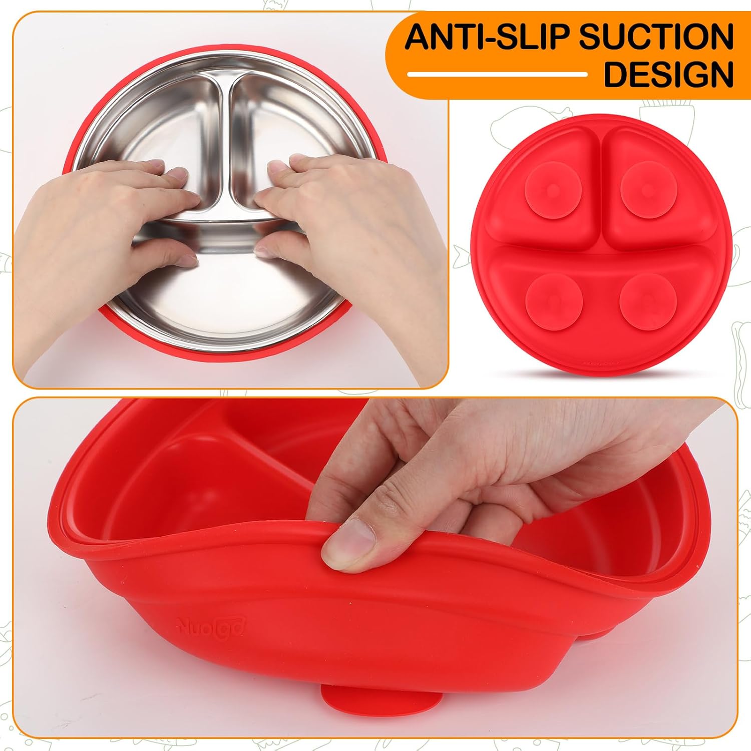 Nuogo 2 Pcs Stainless Steel Baby Suction Plates with Silicone Shell