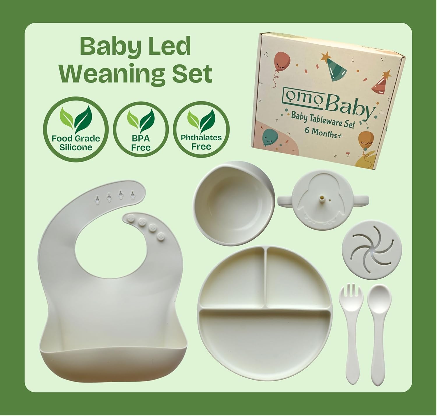 OMOBABY 8 Pcs Food Grade Silicone Baby Feeding Set Pearl White Oatmeal