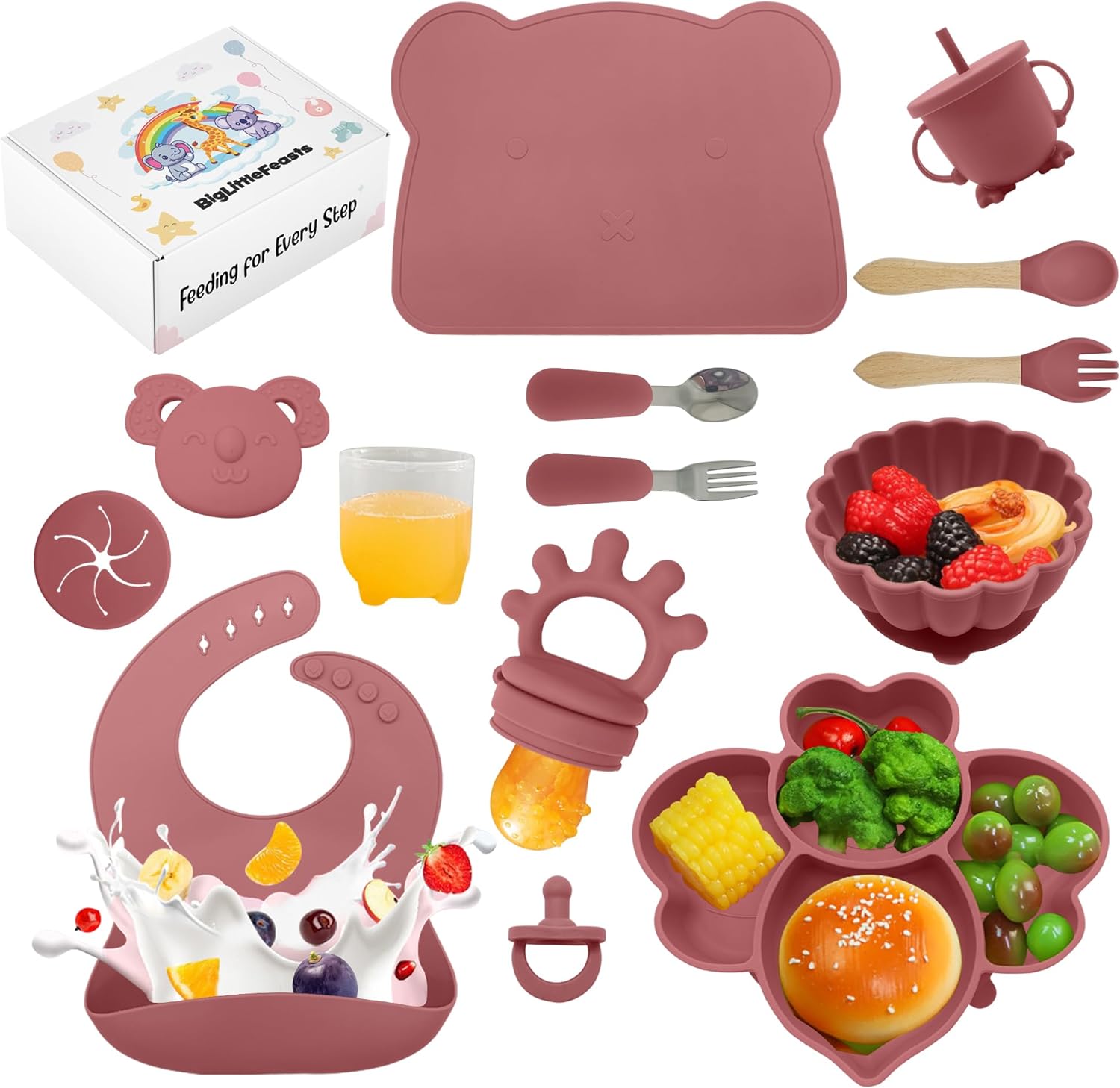 Silicone Baby Feeding Set 14pcs Dark Pink