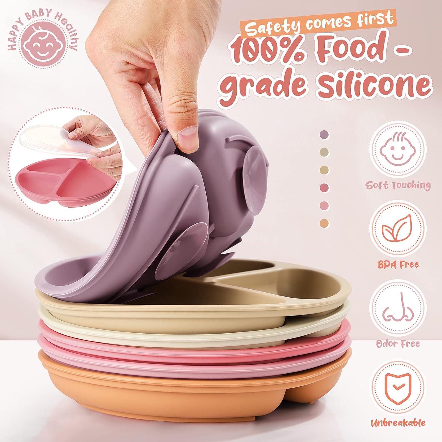 Meanplan 6 Pack Silicone Baby Plates with Lids and Forks