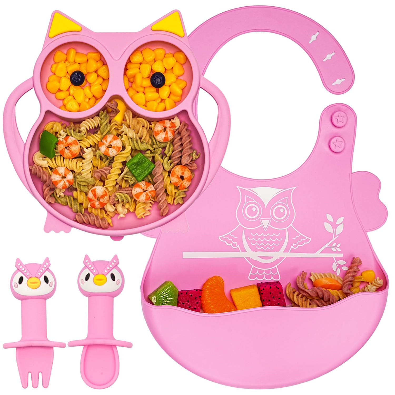 NICINGU Baby Toddler Suction Plate Set with Spoon Fork Pink Owl Design