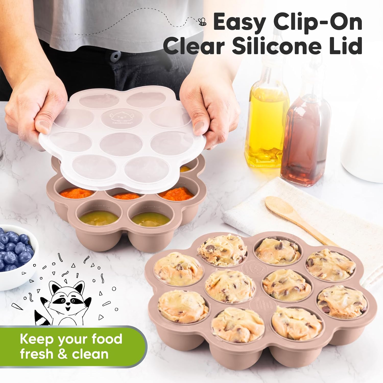KeaBabies Silicone Baby Food Freezer Tray with Clip Lid and 2-Set Utensils