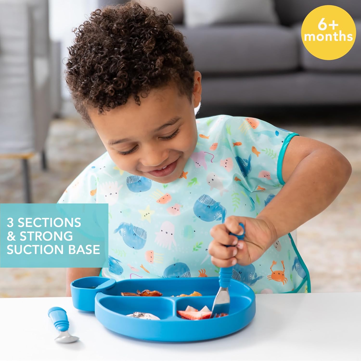 Bumkins Toddler Suction Plate Divided Grip Dark Blue