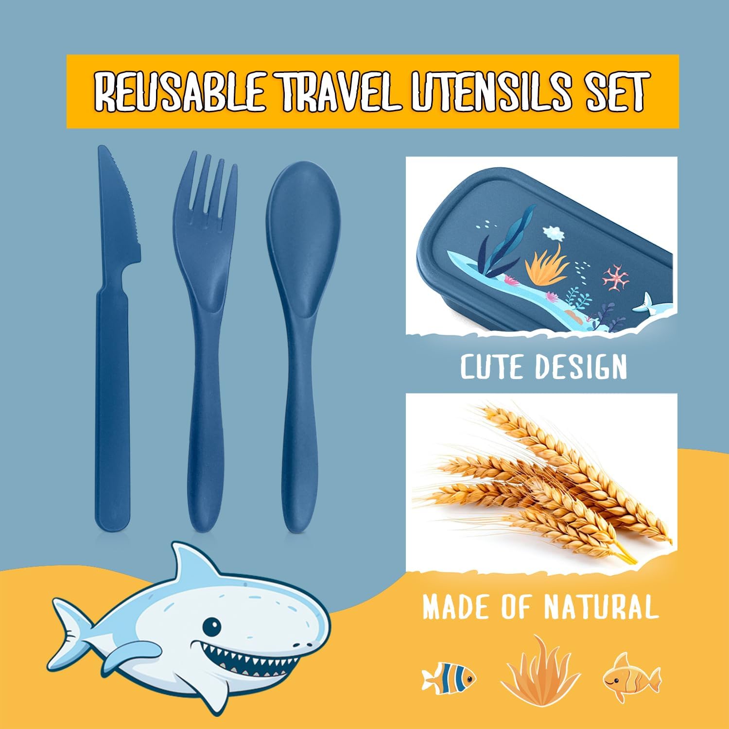Teivio Wheat Straw Travel Utensils Set with Whale Storage Case 1