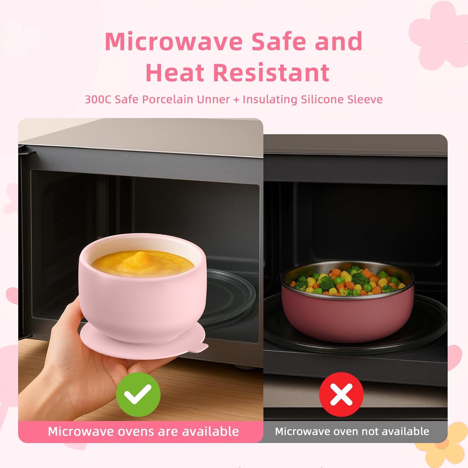 KingKam 2-Pack Porcelain Bowls with Silicone Suction Sleeve - PinkPurple