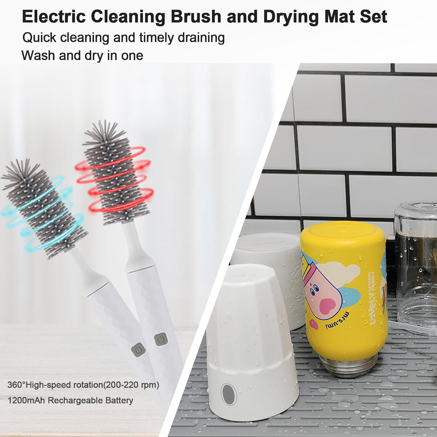 WHNL Electric Bottle Brush Set with Drying Mat and Storage Box White