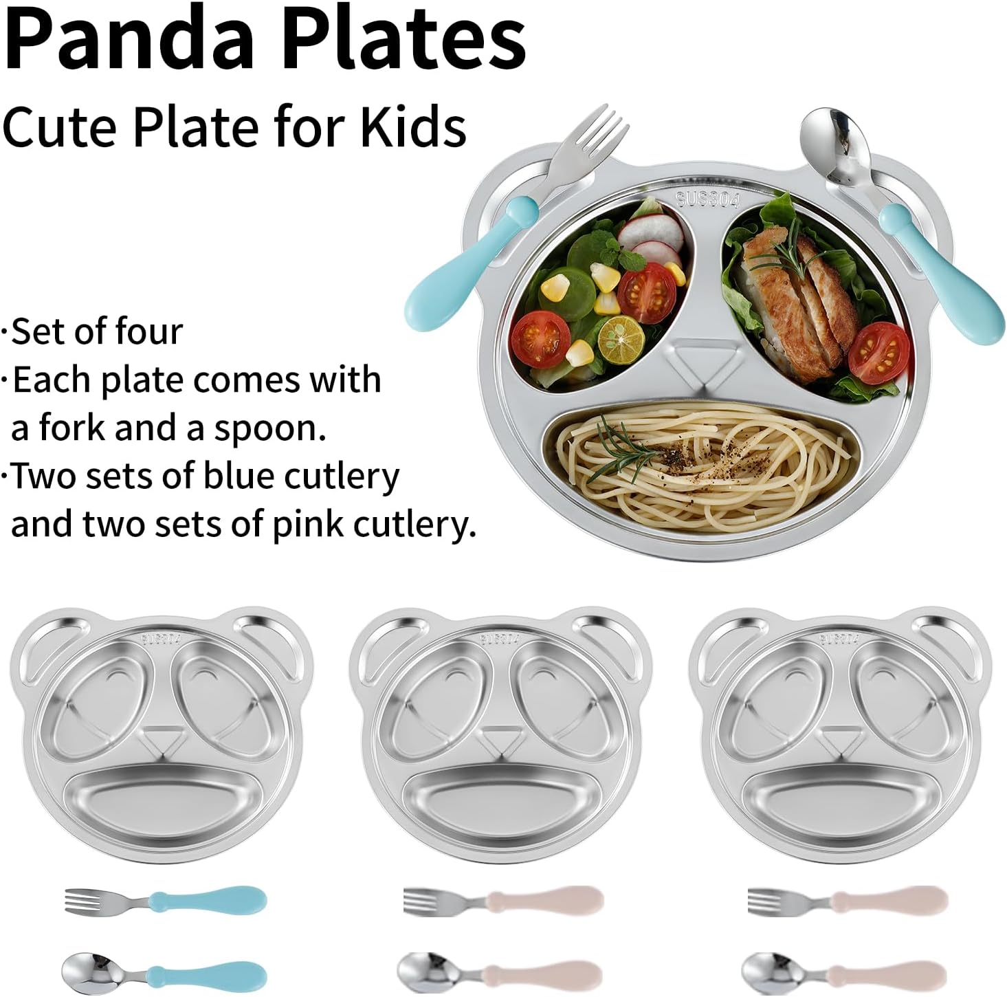 YLARMY Set of 4 Stainless Steel Divided Plates and Utensils for Kids