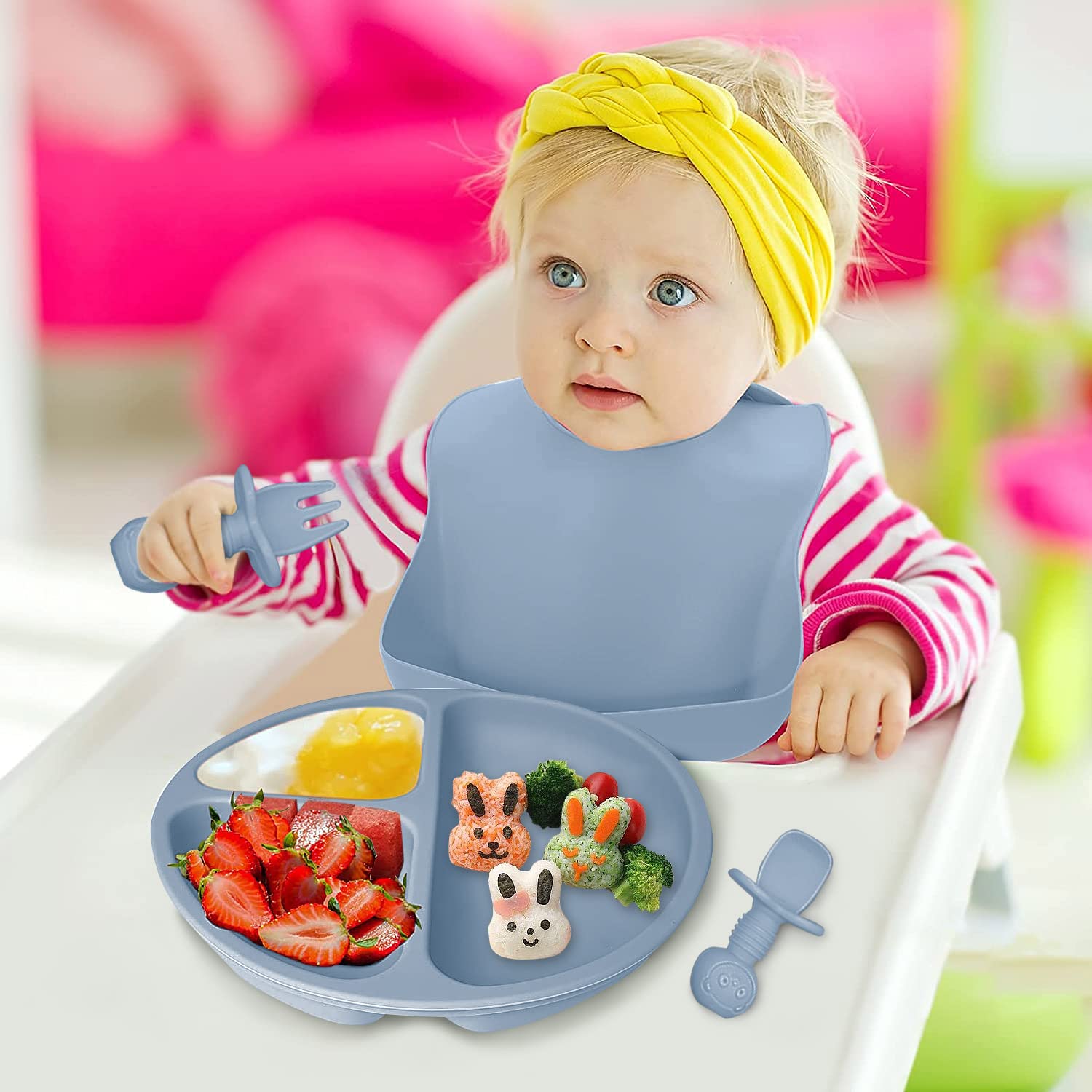 Mrkyy Silicone Baby Feeding Set with Divided Plate and Sippy Cup 1