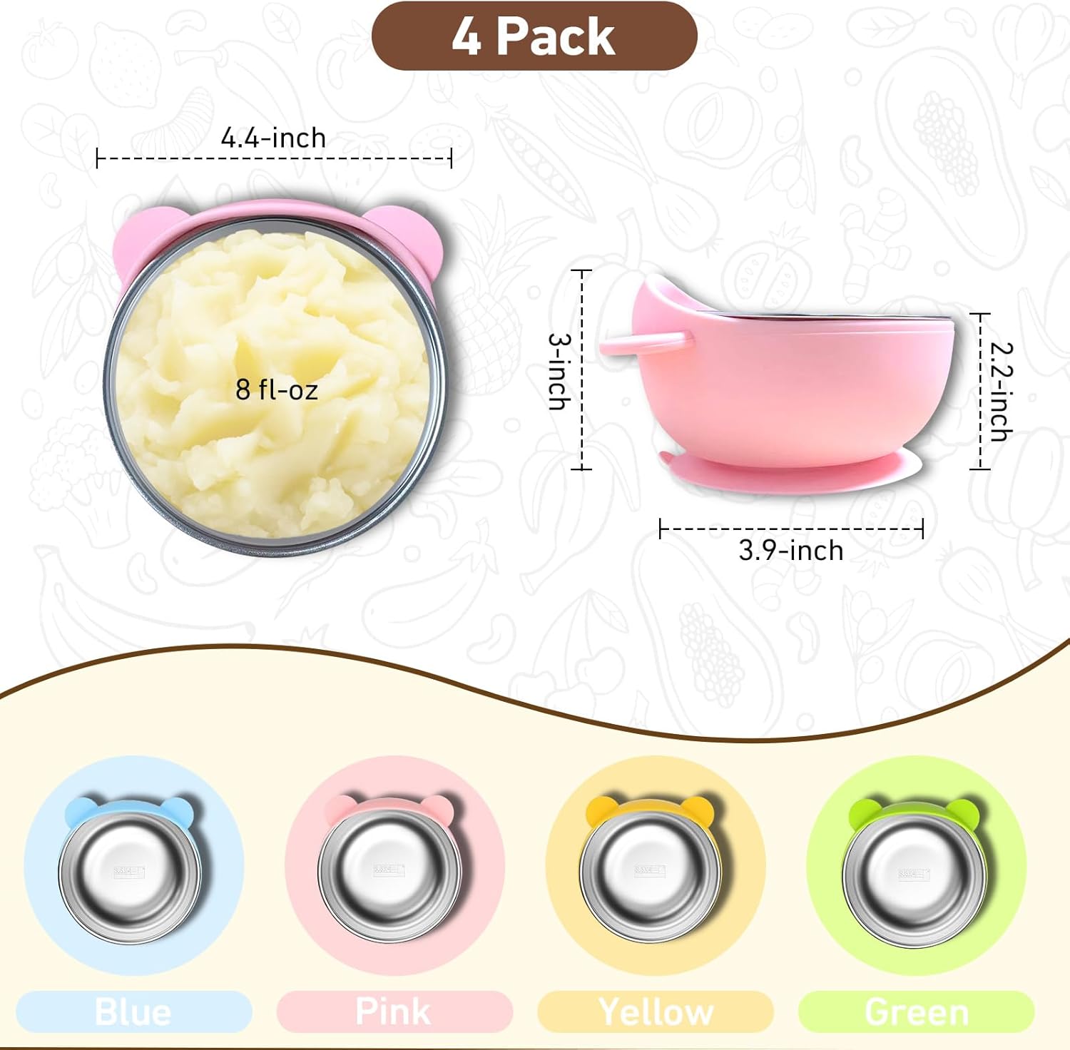 DZDOV 4 Pack Suction Baby Bowls - 8oz Stainless Steel and Silicone