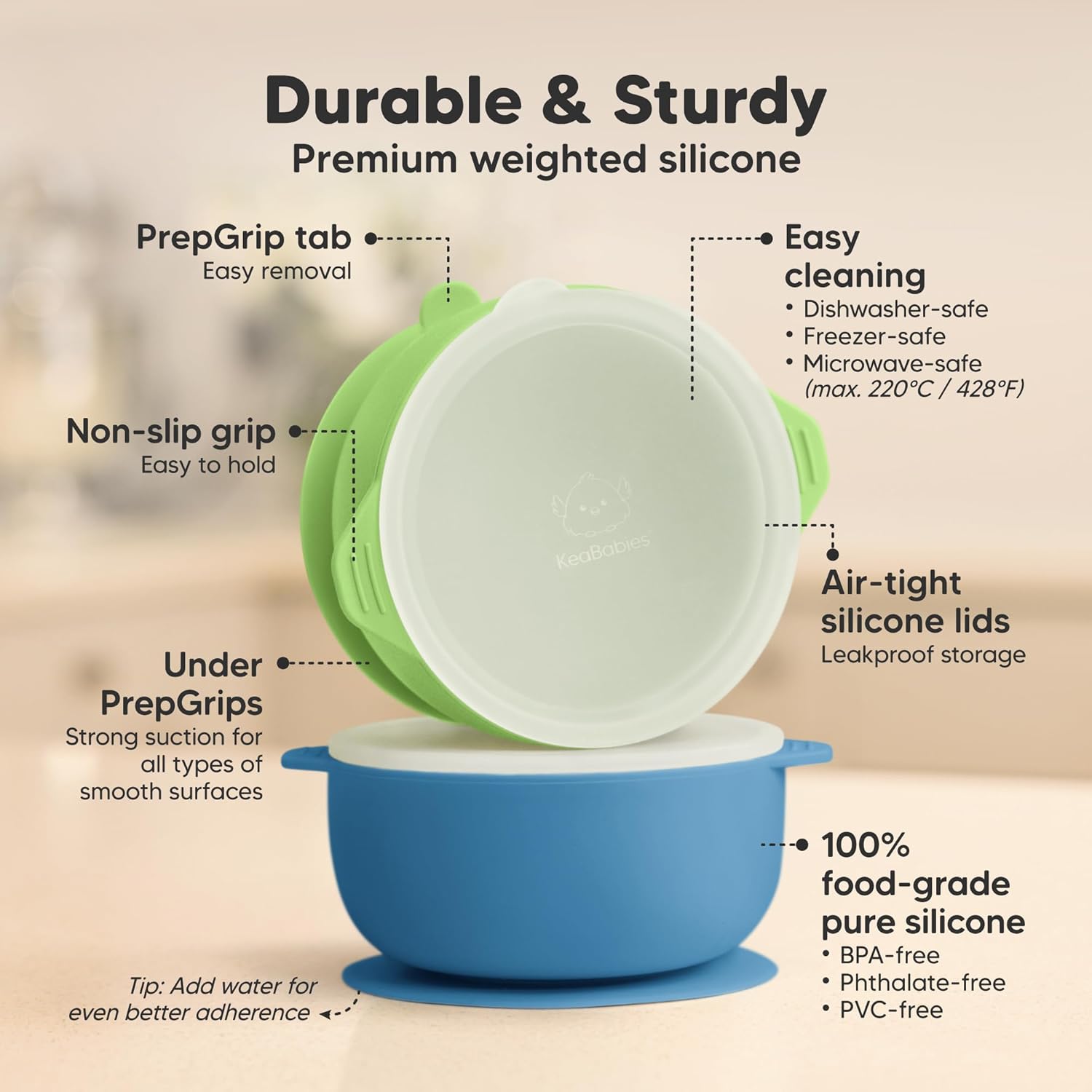 KeaBabies 2-Pack Suction Bowls with Lids and Utensils Set 1