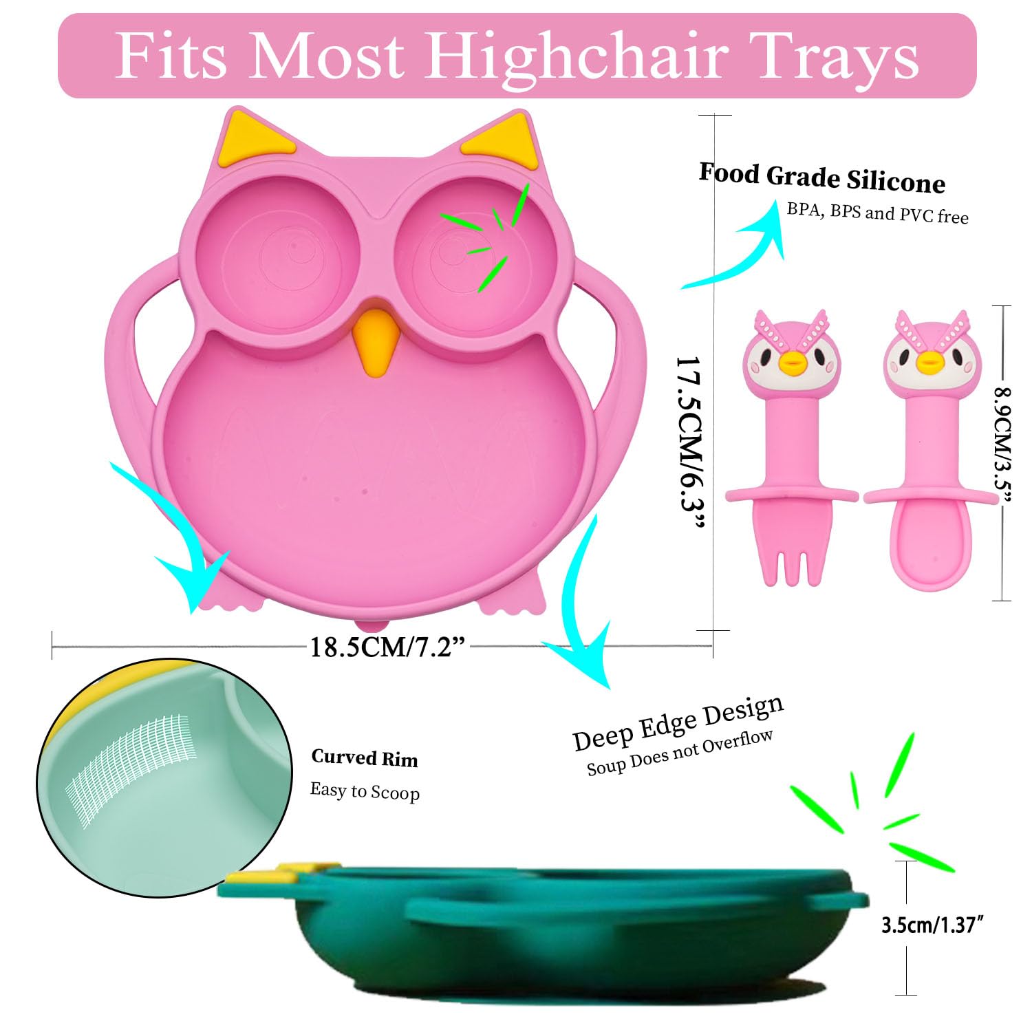 NICINGU Baby Toddler Suction Plate Set with Spoon Fork Pink Owl Design
